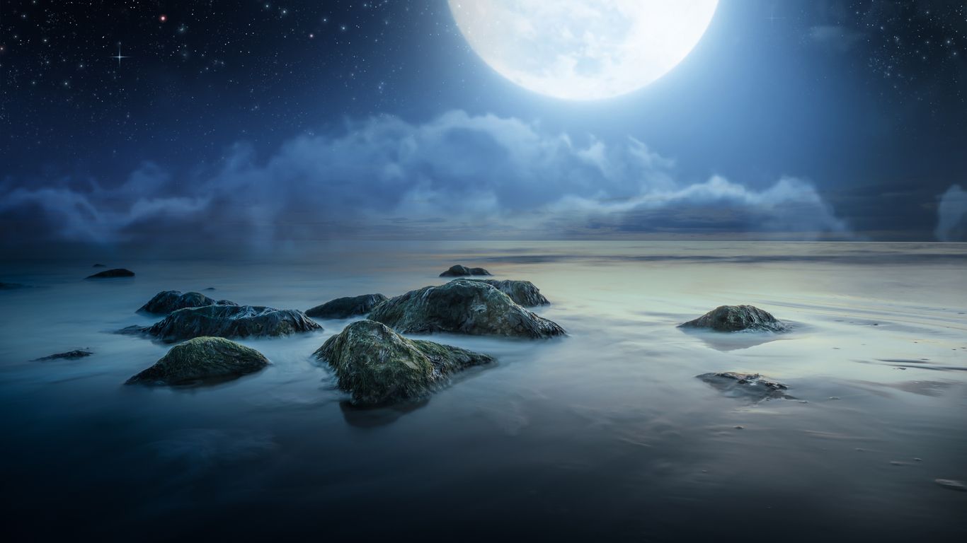 1366x768 Download Moonlight night, Moonlight, Night, Moon, Light, Stones, 2K, 3K, 4K Wallpaper in 1366x768 Resolution