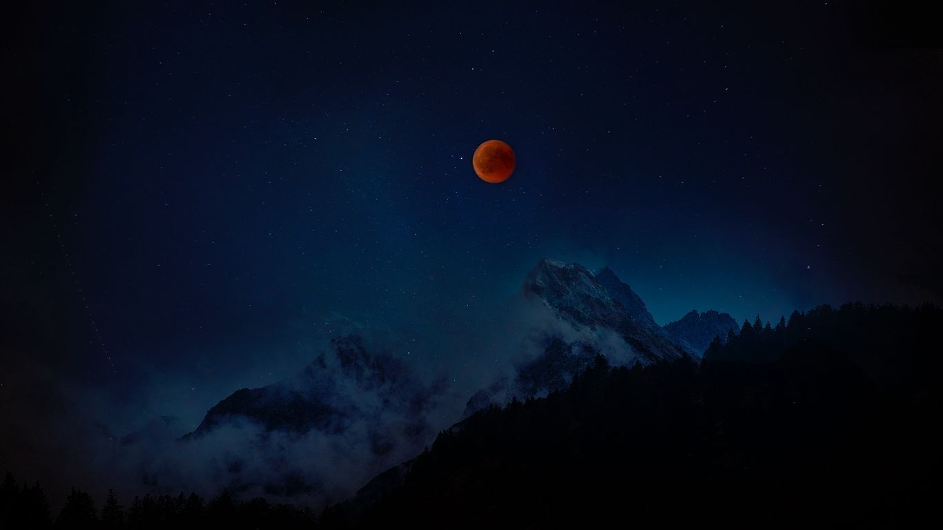1366x768 Download wallpaper 1366x768 full moon, red moon, starry sky, mountains, night tablet, laptop HD background