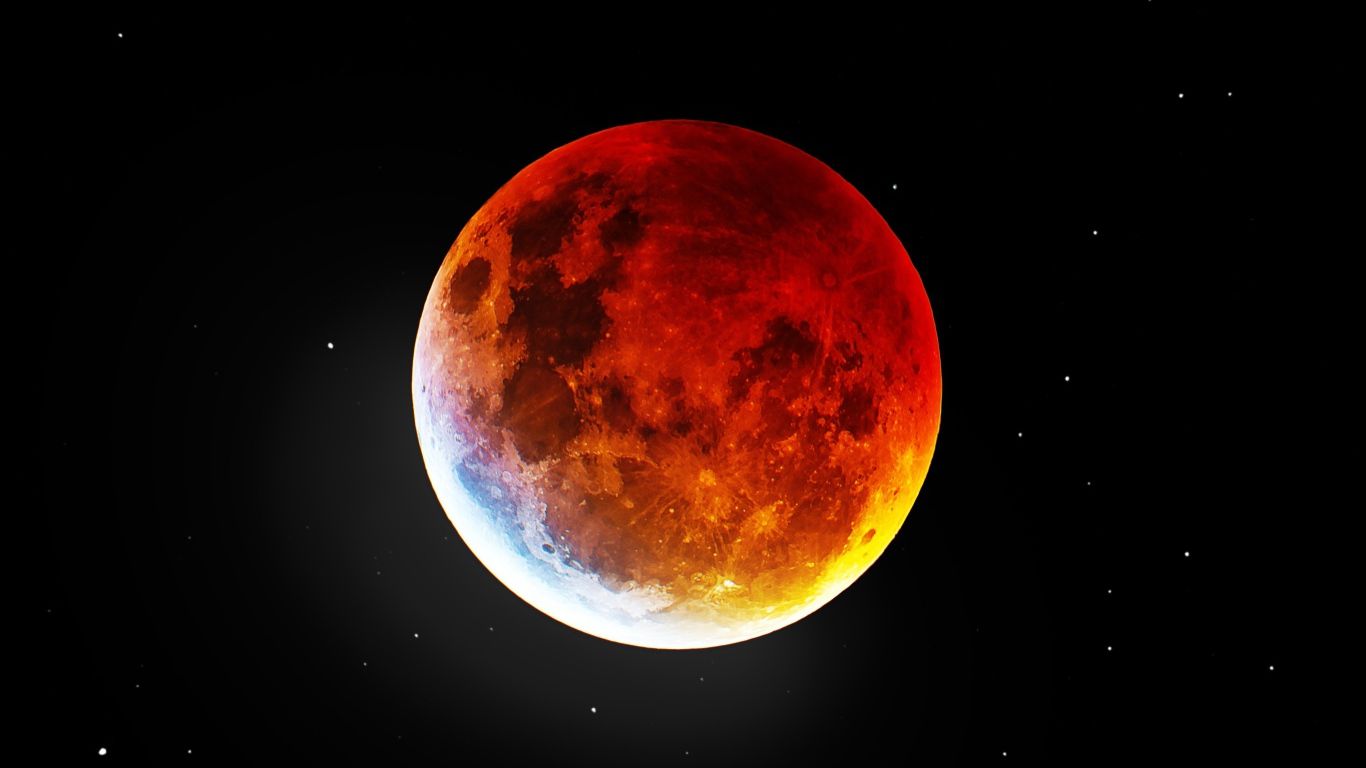 1366x768 Big fire moon on black background Desktop wallpaper 1366x768