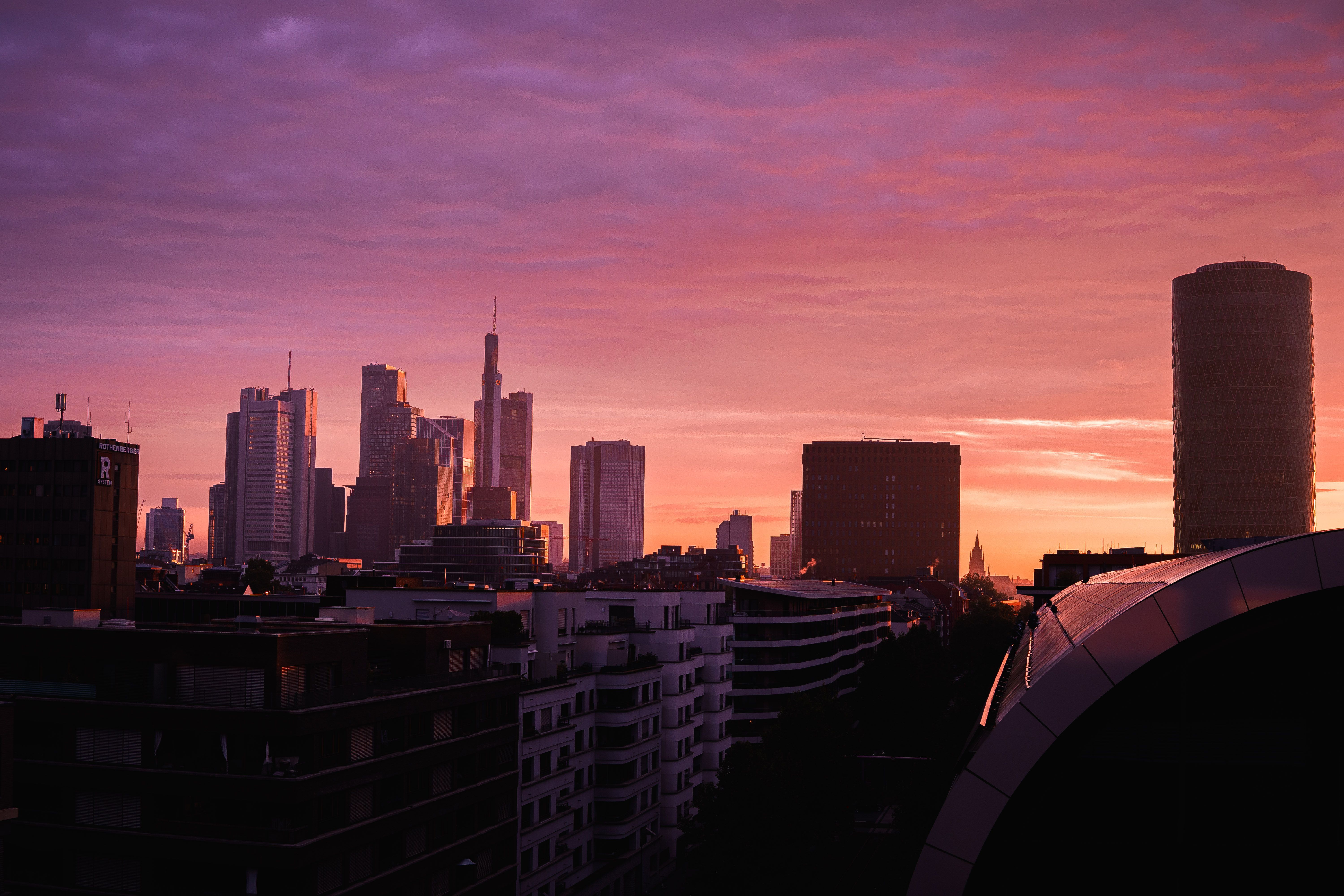 6000x4000 Frankfurt Skyline at Sunrise with Vibrant Skyline · Free