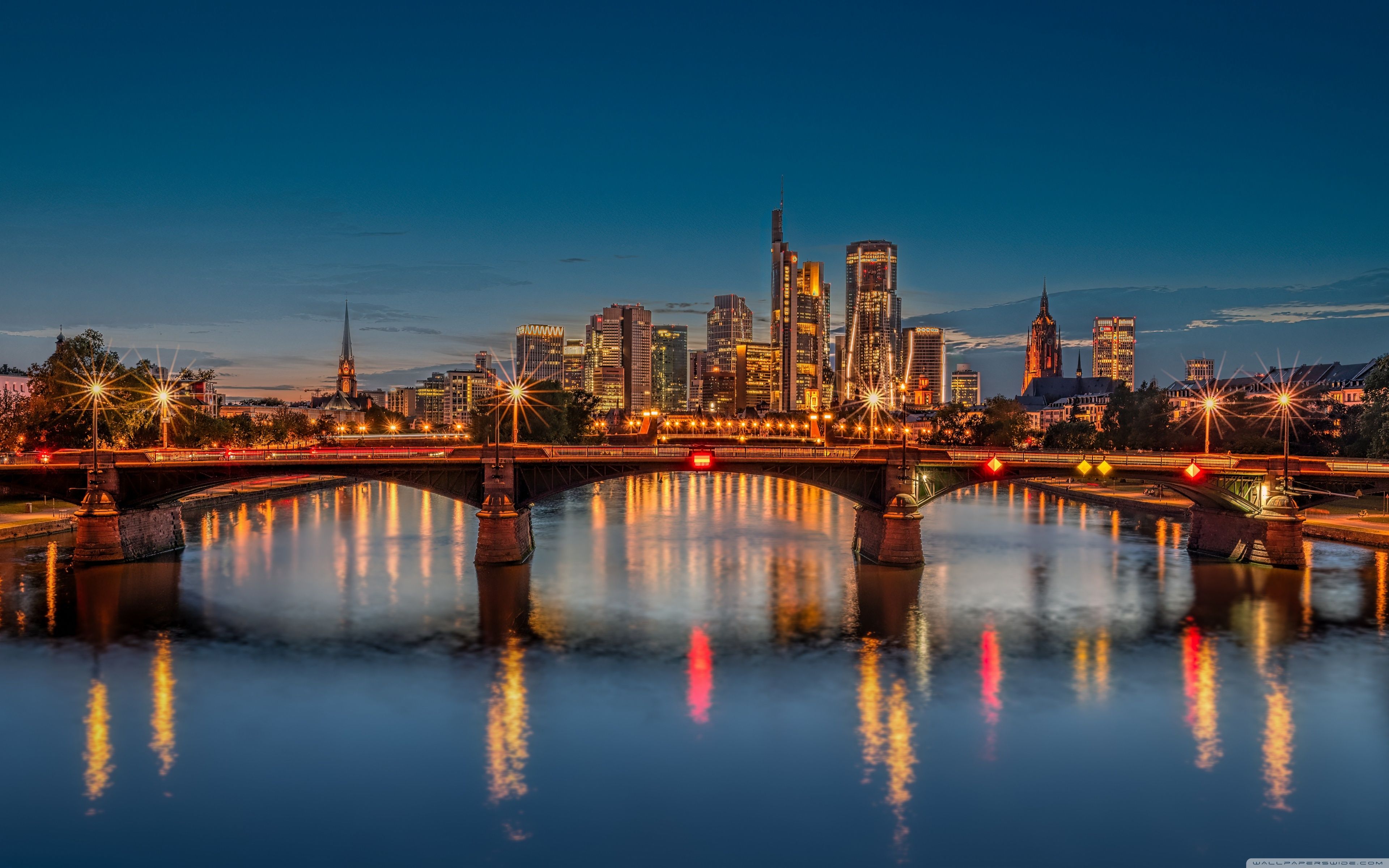 3840x2400 Frankfurt, Germany, Bridge, Evening, City Lights, Europe 4K UHD Wallpaper for UltraHD Desktop and TV : Widescreen and UltraWide Display : Dual Monitor
