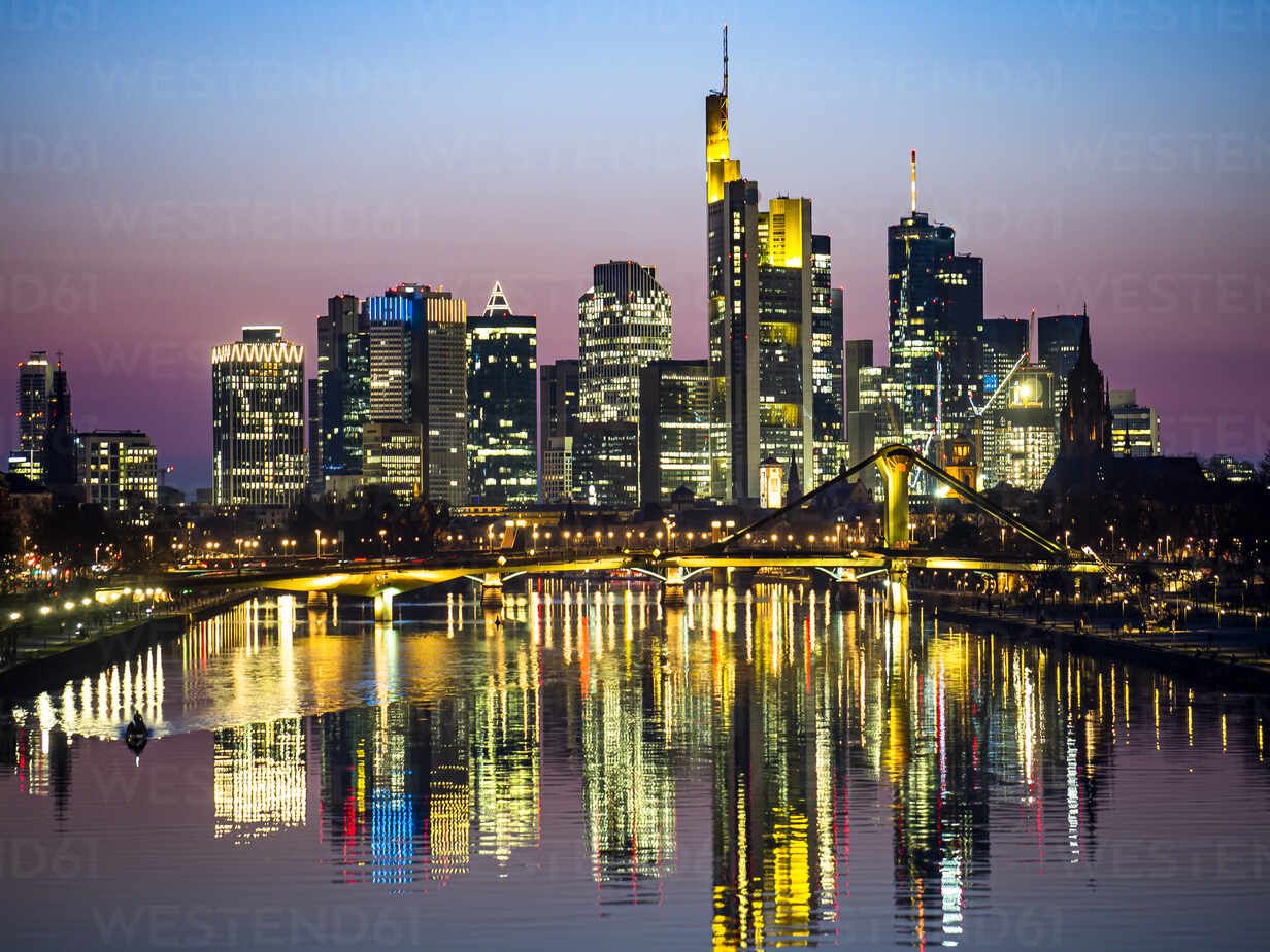 1232x924 Germany, Hesse, Frankfurt, River Main canal at dusk with bridge and downtown skyscrapers in background