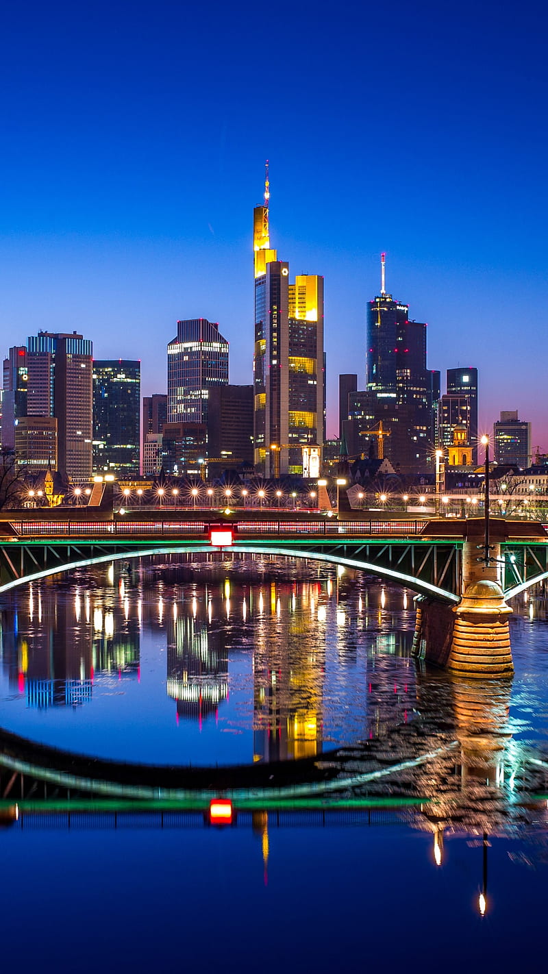 800x1422 Frankfurt, night, light, bridge, river, building, germany, reflection, HD phone wallpaper