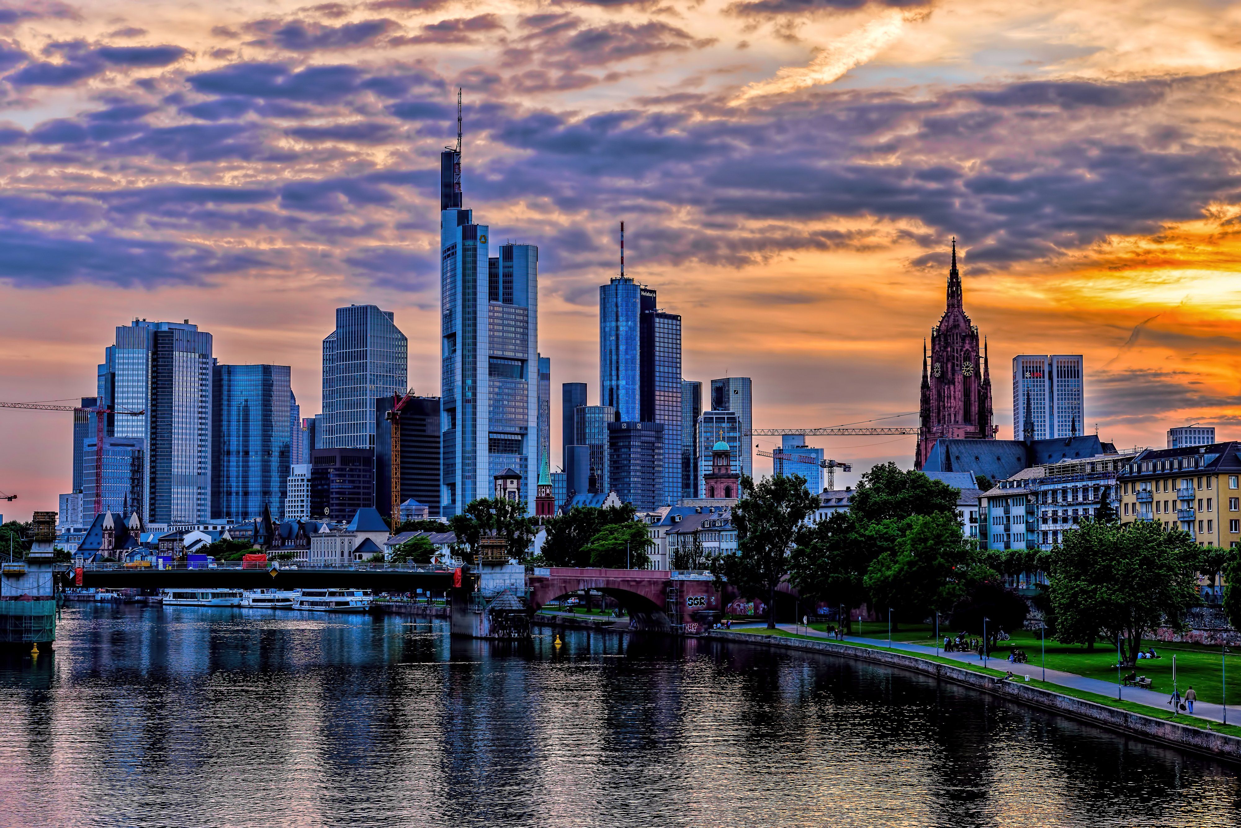 4000x2670 germany, Skyscraper, River, Sky, Frankfurt, Night, Cities Wallpaper HD / Desktop and Mobile Background
