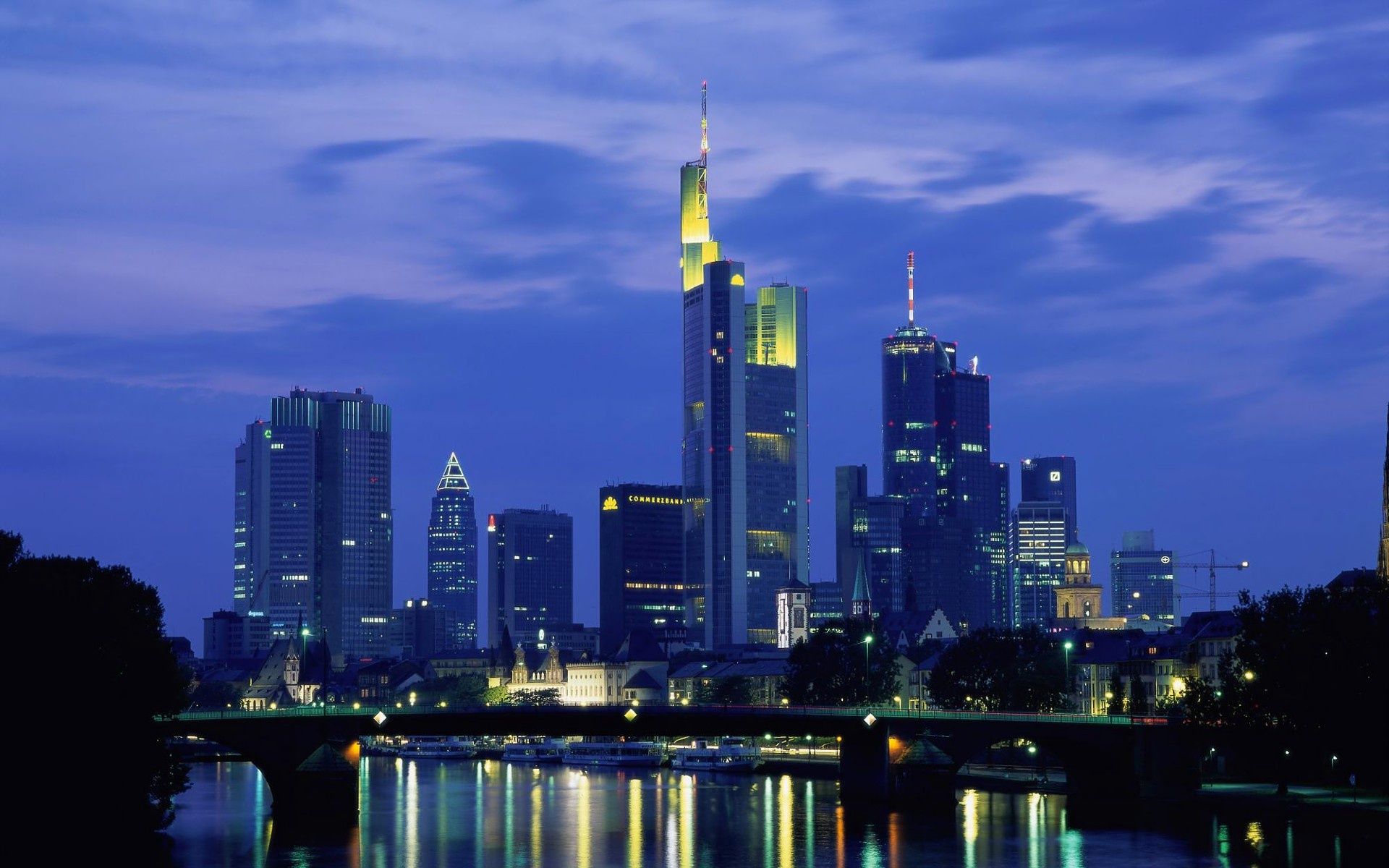 1920x1200 Wallpaper city, lights, river, sky, bridge, Frankfurt, Germany, evening for mobile and desktop, section город, resolution 1920x1200