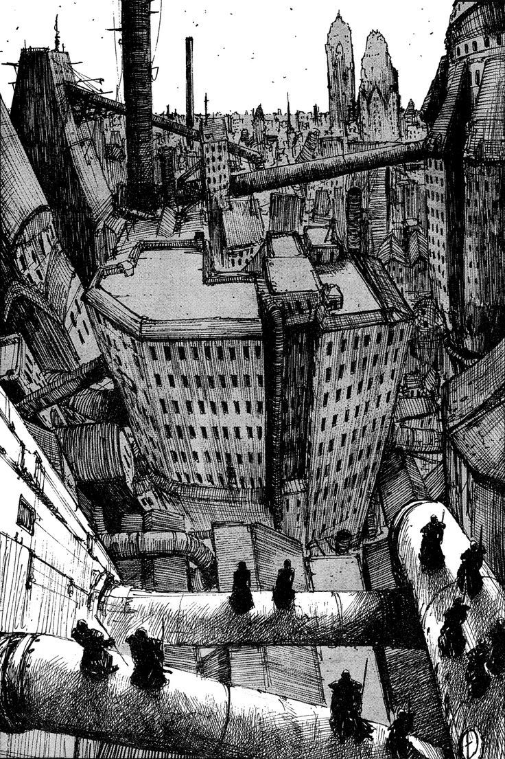 736x1105 Architectural Sketch of a Cityscape with Tall Buildings. Akira cityscape drawing, Tsutomu nihei wallpaper, Nihei