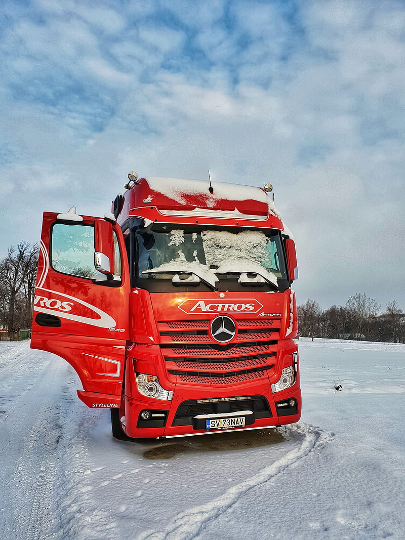 800x1067 Mercedes in snow, actros, mp red, romania, sky, suceava, winter, HD phone wallpaper