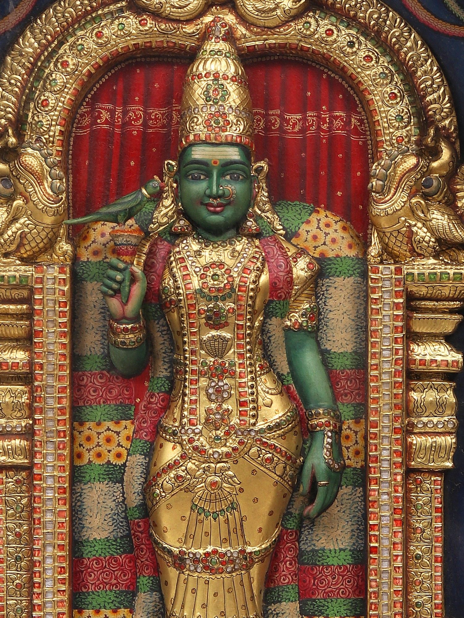 1500x2000 Goddess Meenakshi Karat Gold Embossed Work. Arch Shape Teakwood Frame. Exotic India Art