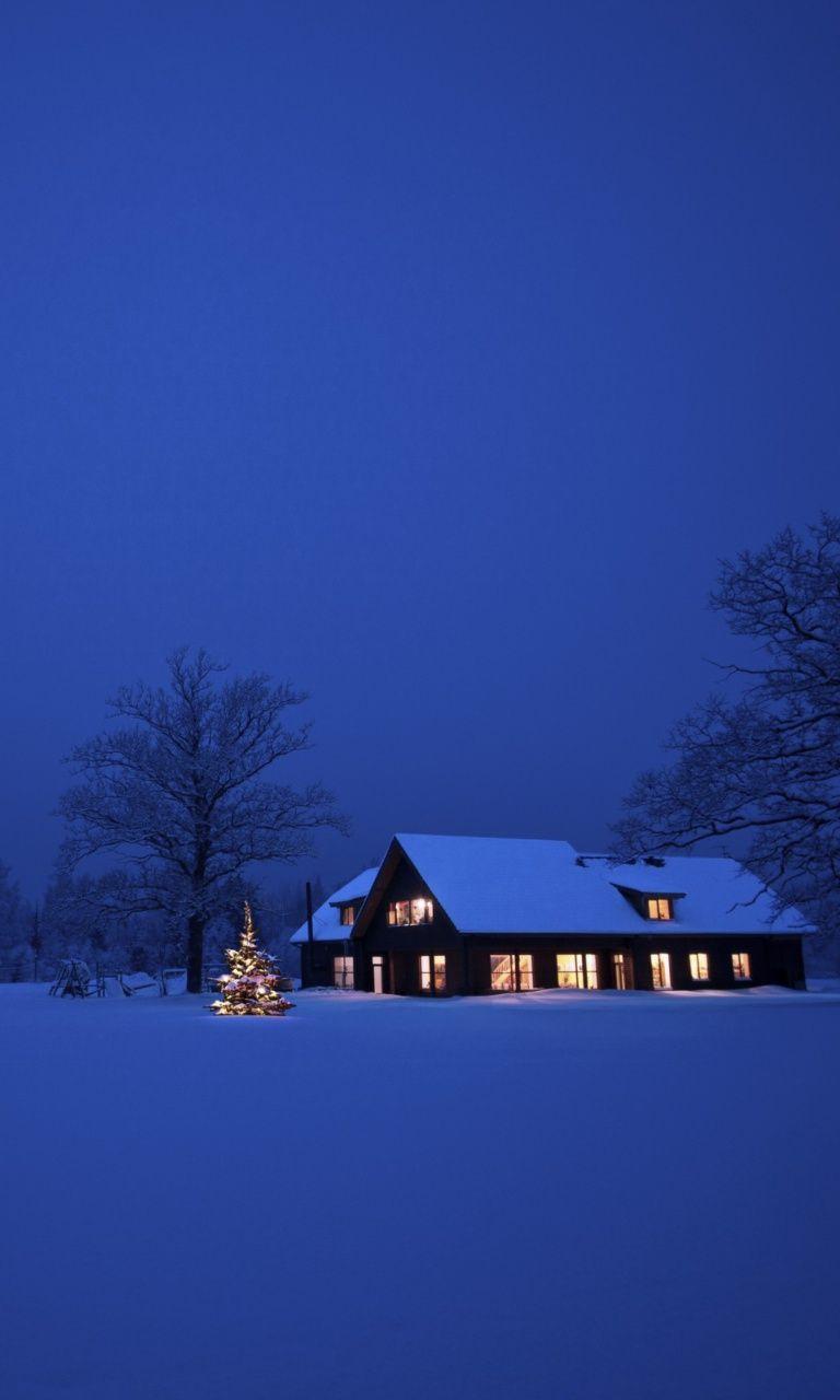 768x1280 Lonely House, Winter Landscape And Christmas Tree Wallpaper for 768x1280. Beautiful wallpaper background, Christmas tree wallpaper, House
