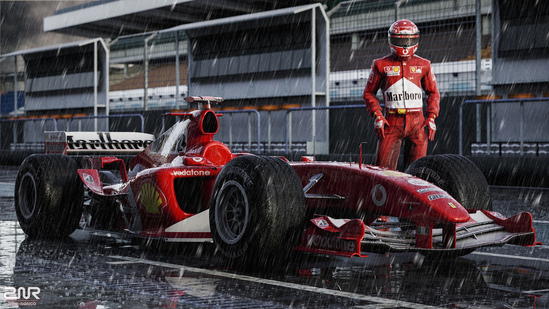 1920x1080 Wallpaper rendering, rain, sport, formula sports car, the car, the shower, Schumacher for mobile and desktop, section рендеринг, resolution 1920x1080