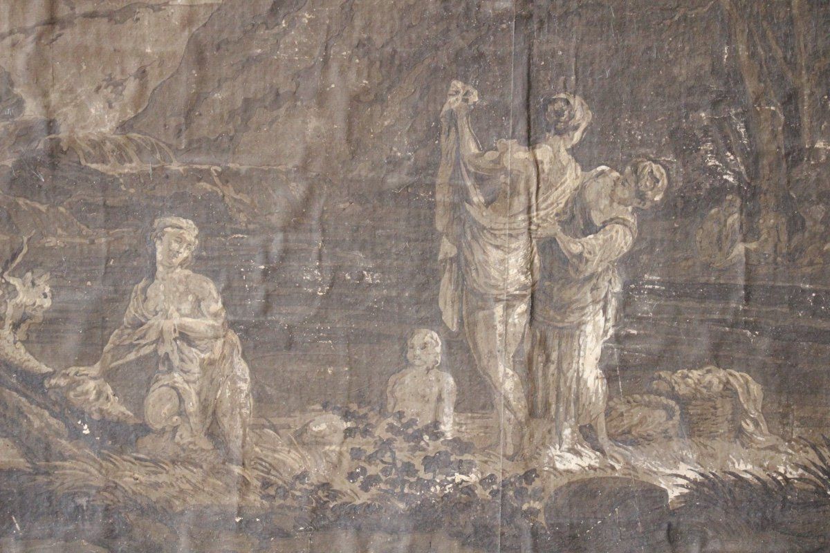 1200x800 Proantic: Painted Wallpaper On Canvas In Grisaille, 18th Century, The