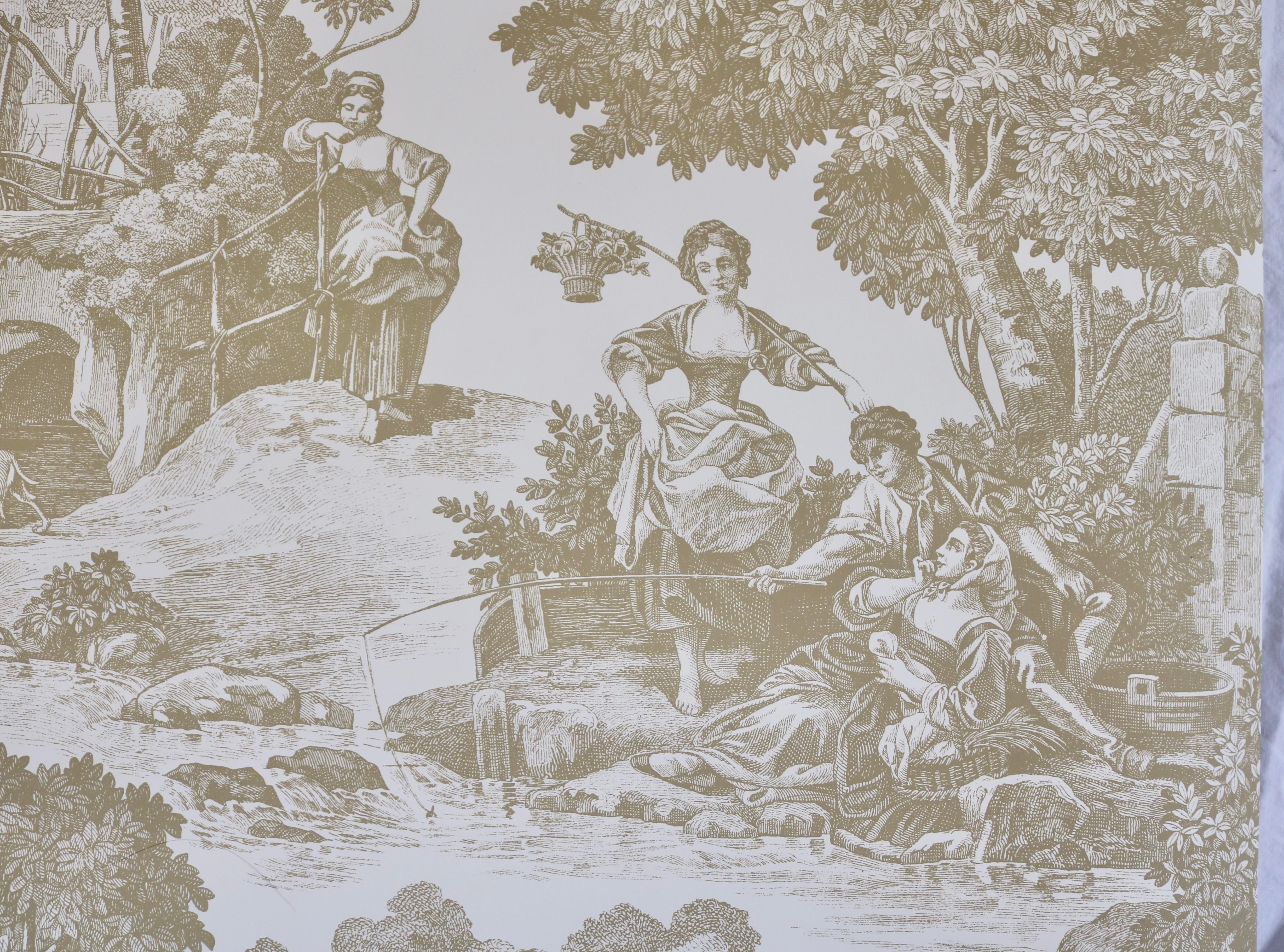 4913x3642 Schumacher 18th Century Rural European Scenic Toile Wallpaper Gold on Cream