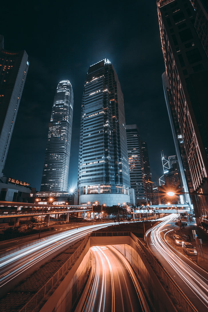728x1092 HD wallpaper: city buildings, night city, skyscrapers, city lights, traffic