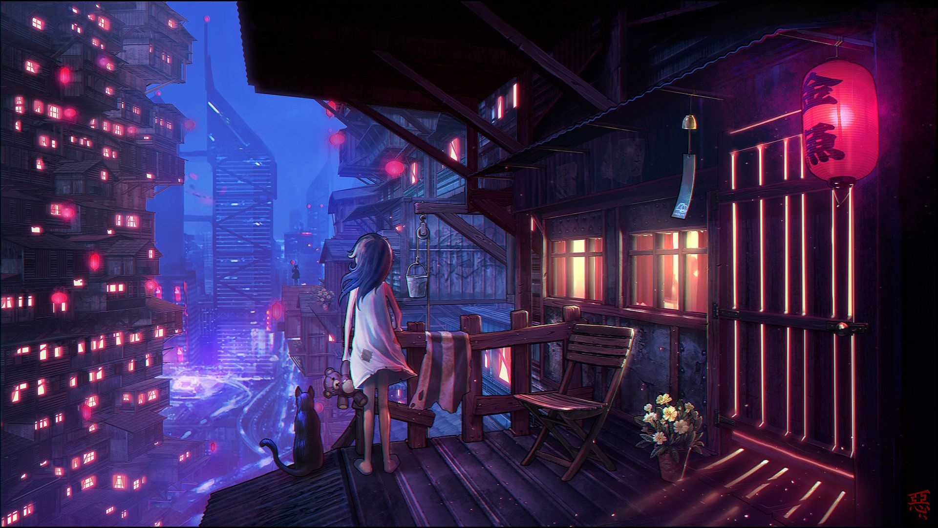 1920x1080 Wallpaper cat, night, city, the city, building, Japan, lighting, girl for mobile and desktop, section арт, resolution 1920x1080