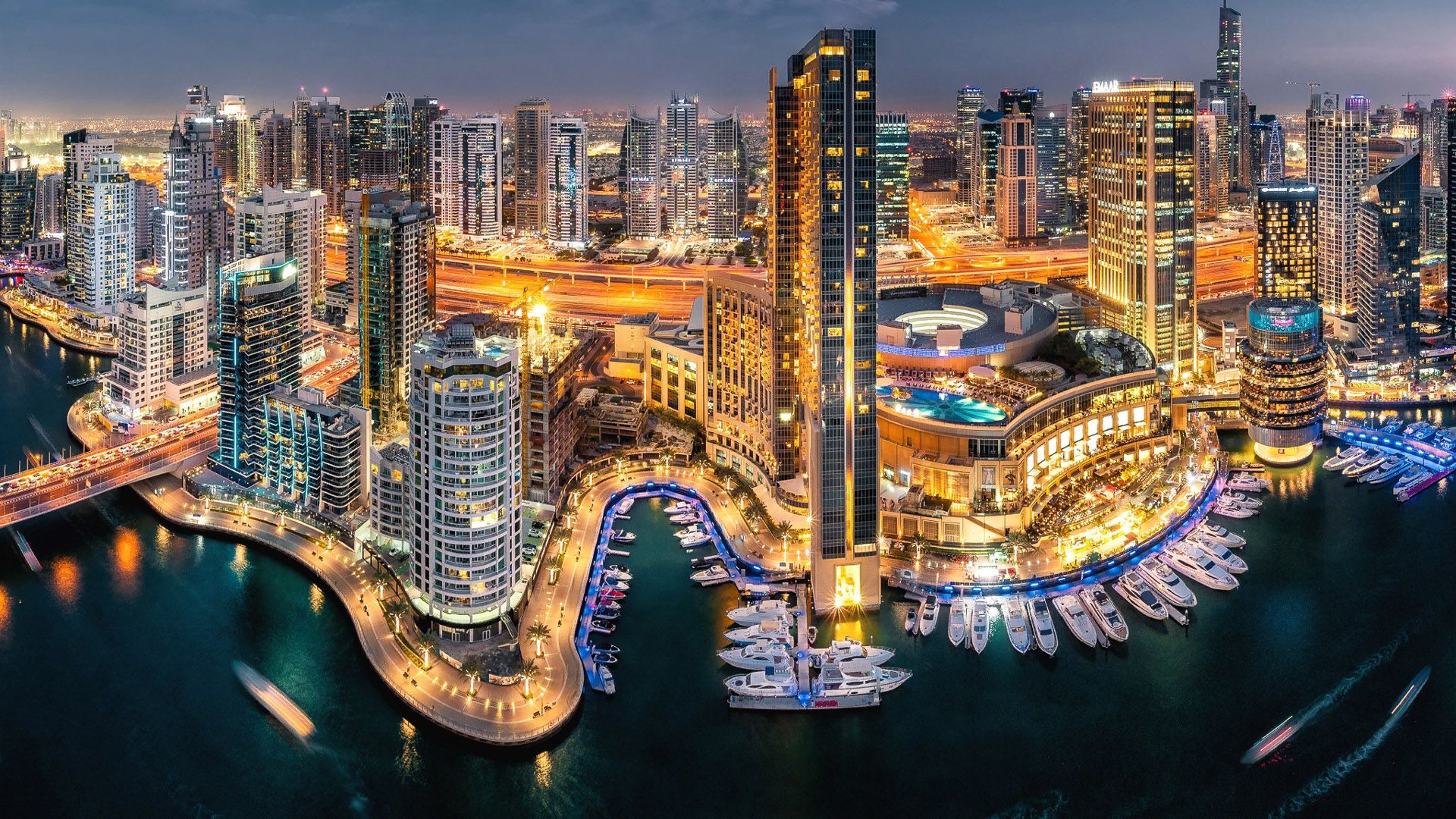 1920x1080 City Skyscraper Building Dubai Night Road Yacht HD Travel Wallpaper
