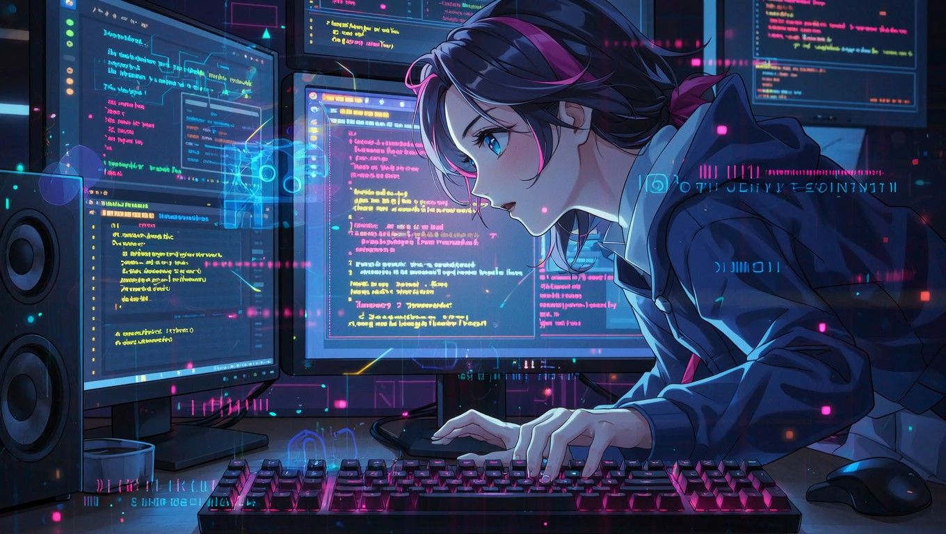 1360x768 Free Neon Programmer Girl Image, Anime, Coding