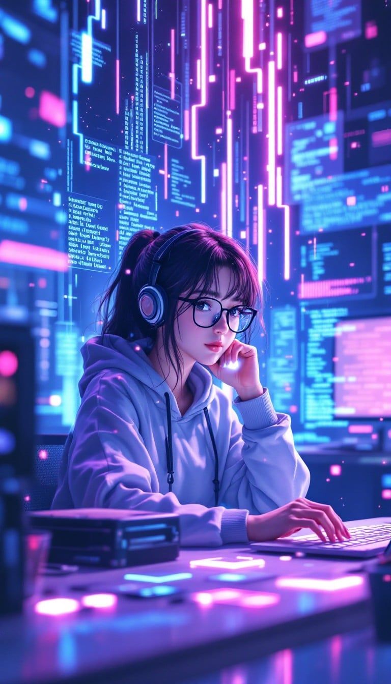 768x1344 Free Coding Neon Dreams Image, Programmer, Woman