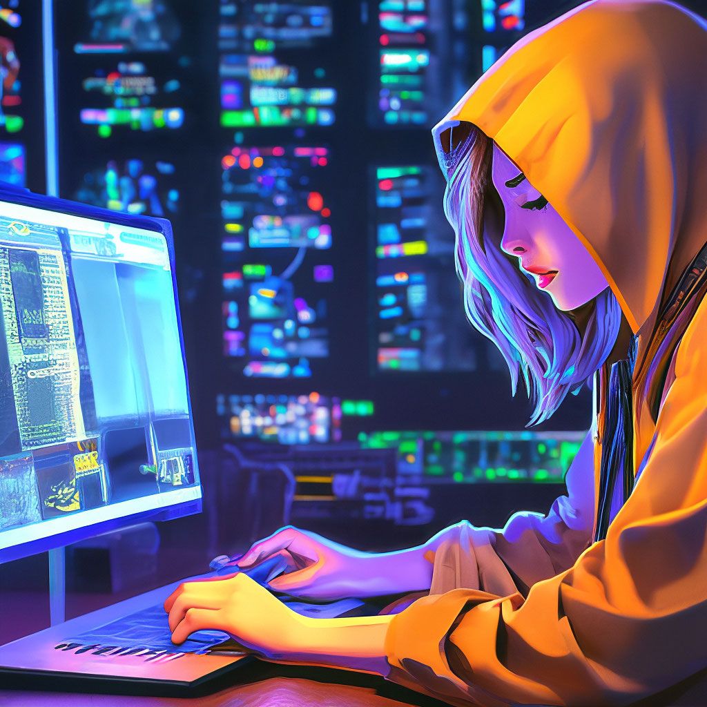 1024x1024 Girl, laptop, hacker, it, code on the screen, dressed in a hoodie, hacking