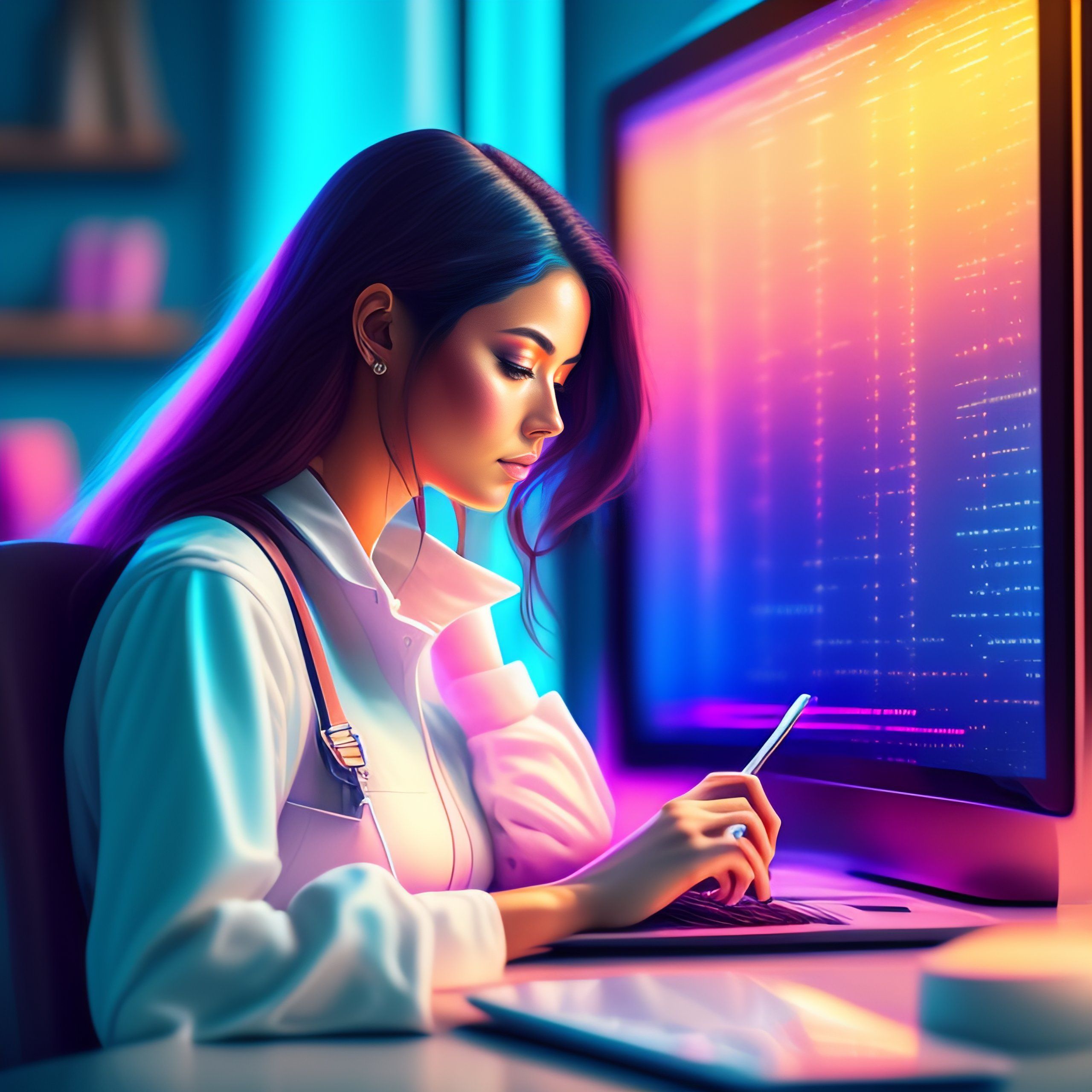 2560x2560 Lexica programming on her laptop, coding aesthetic, fantasy, pastel colors aesthetic, highly detailed, digital painting, concept art, sharp