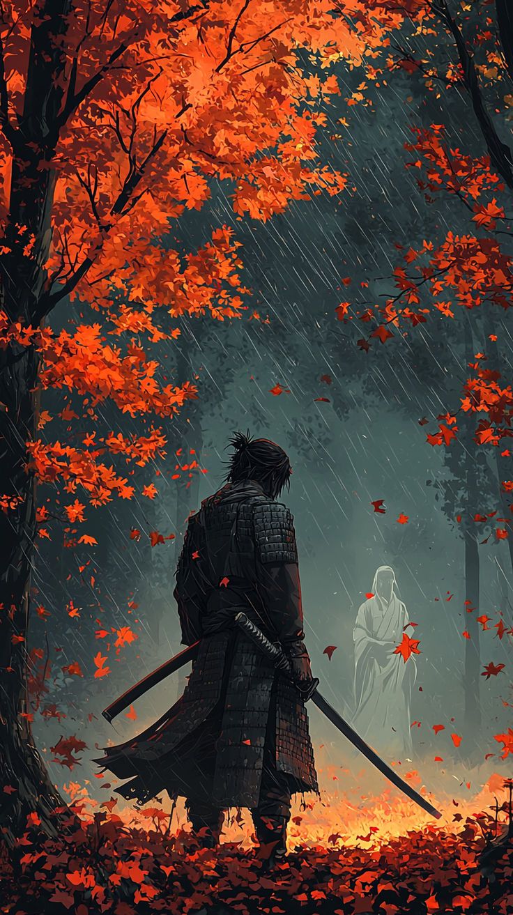 736x1313 Lonely Samurai in Autumn Rain