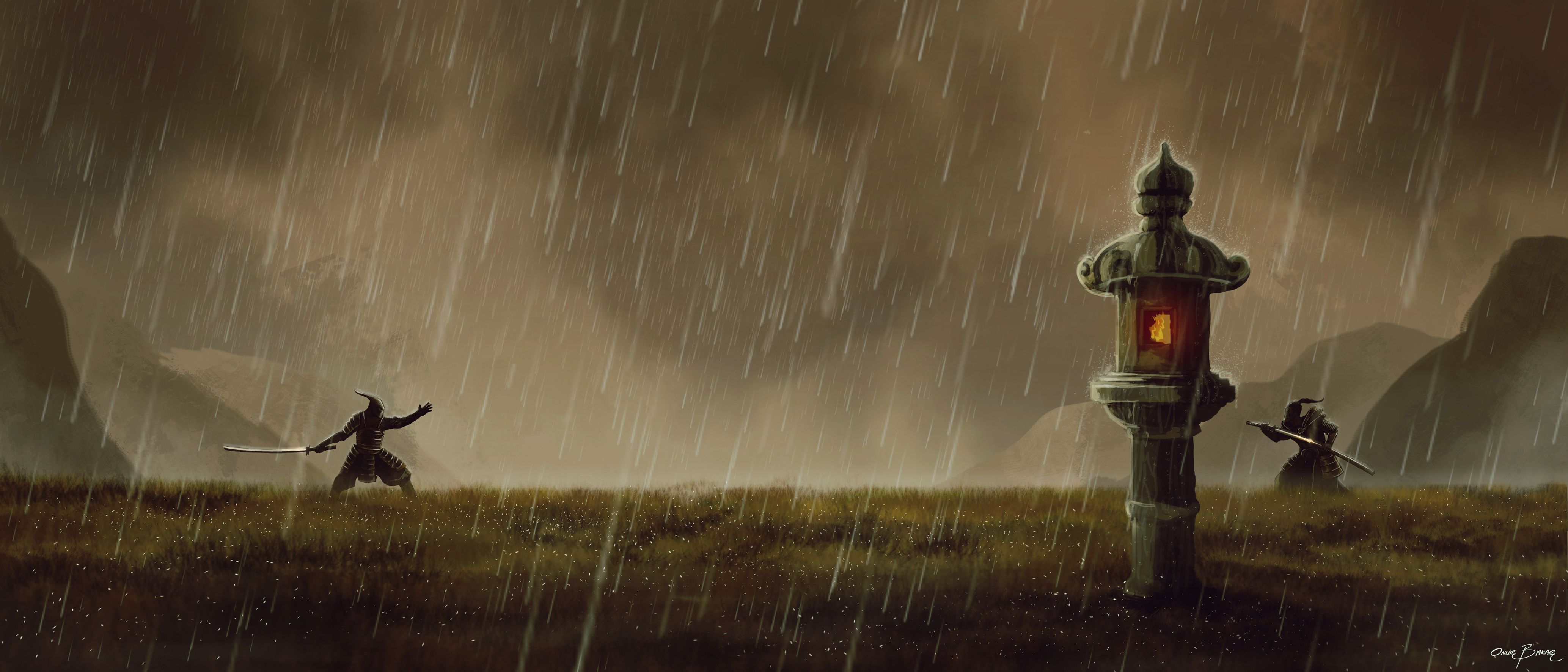 4134x1772 Rain Soaked Samurai: Epic Fantasy Warrior Duel In HD By Bakarovx1772