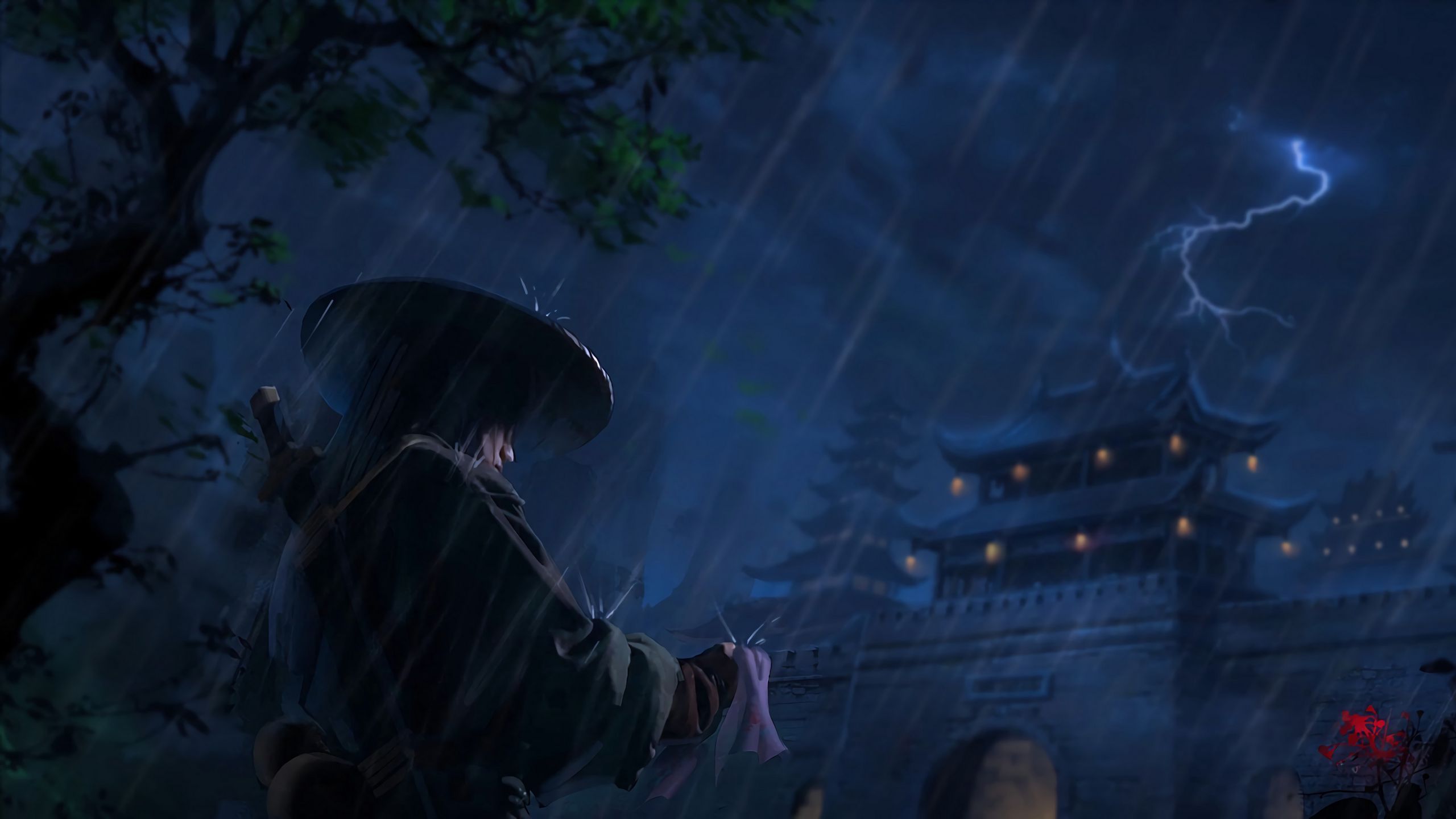 2560x1440 Download wallpaper 2560x1440 samurai, warrior, katana, rain, art, dark widescreen 16:9 HD background
