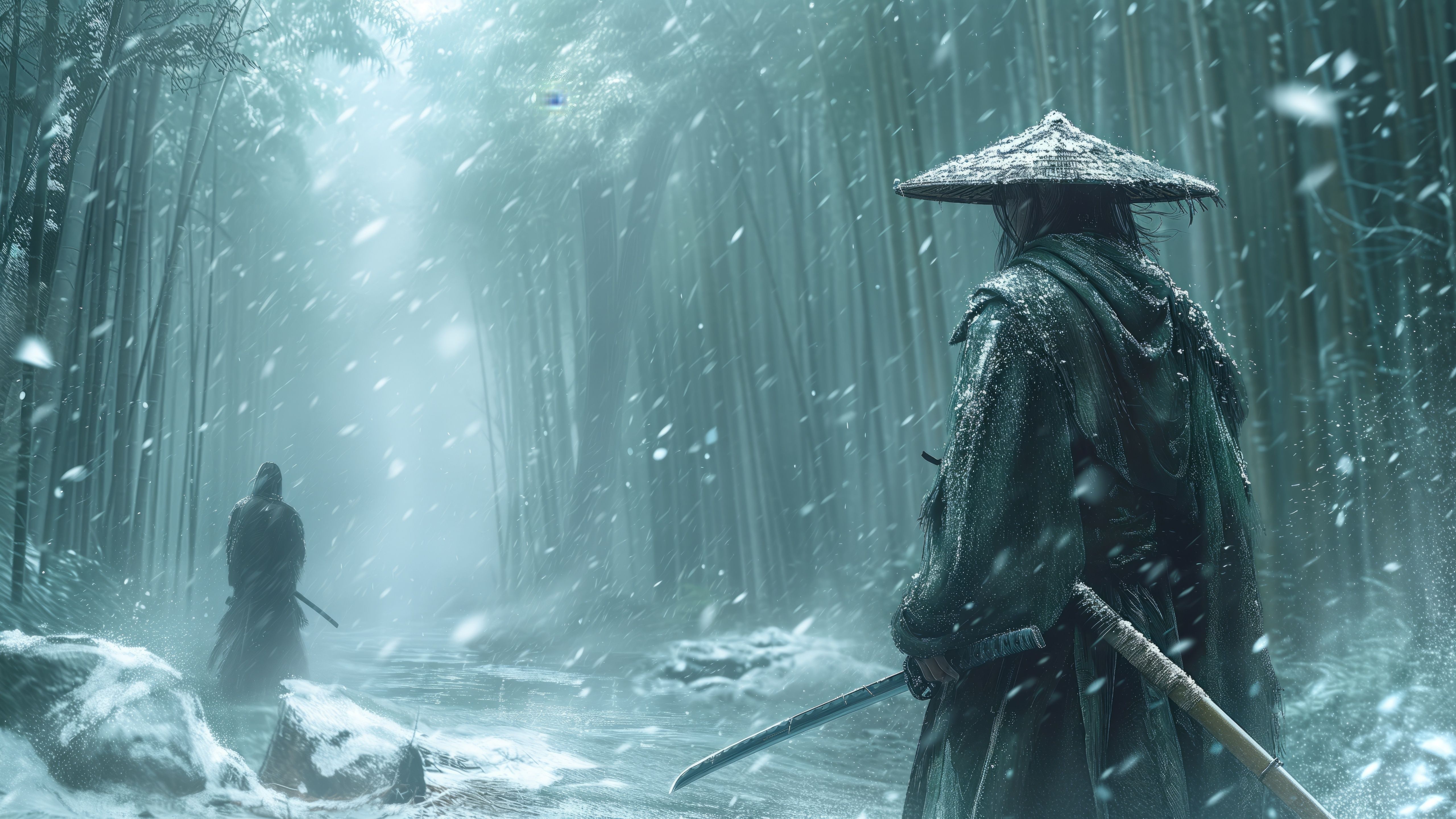 5120x2880 Samurai Duel in a Snowy Forest