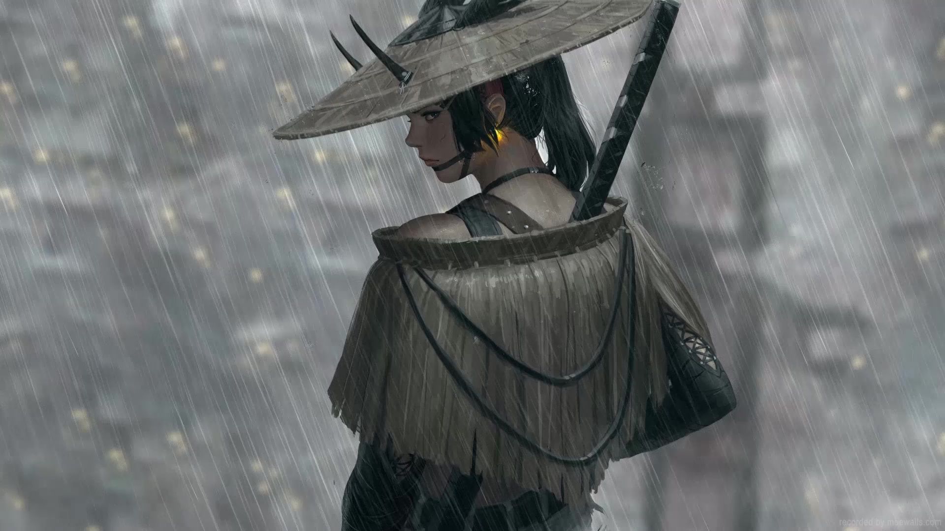 1920x1080 Oni Samurai Girl In The Rain Live Wallpaper