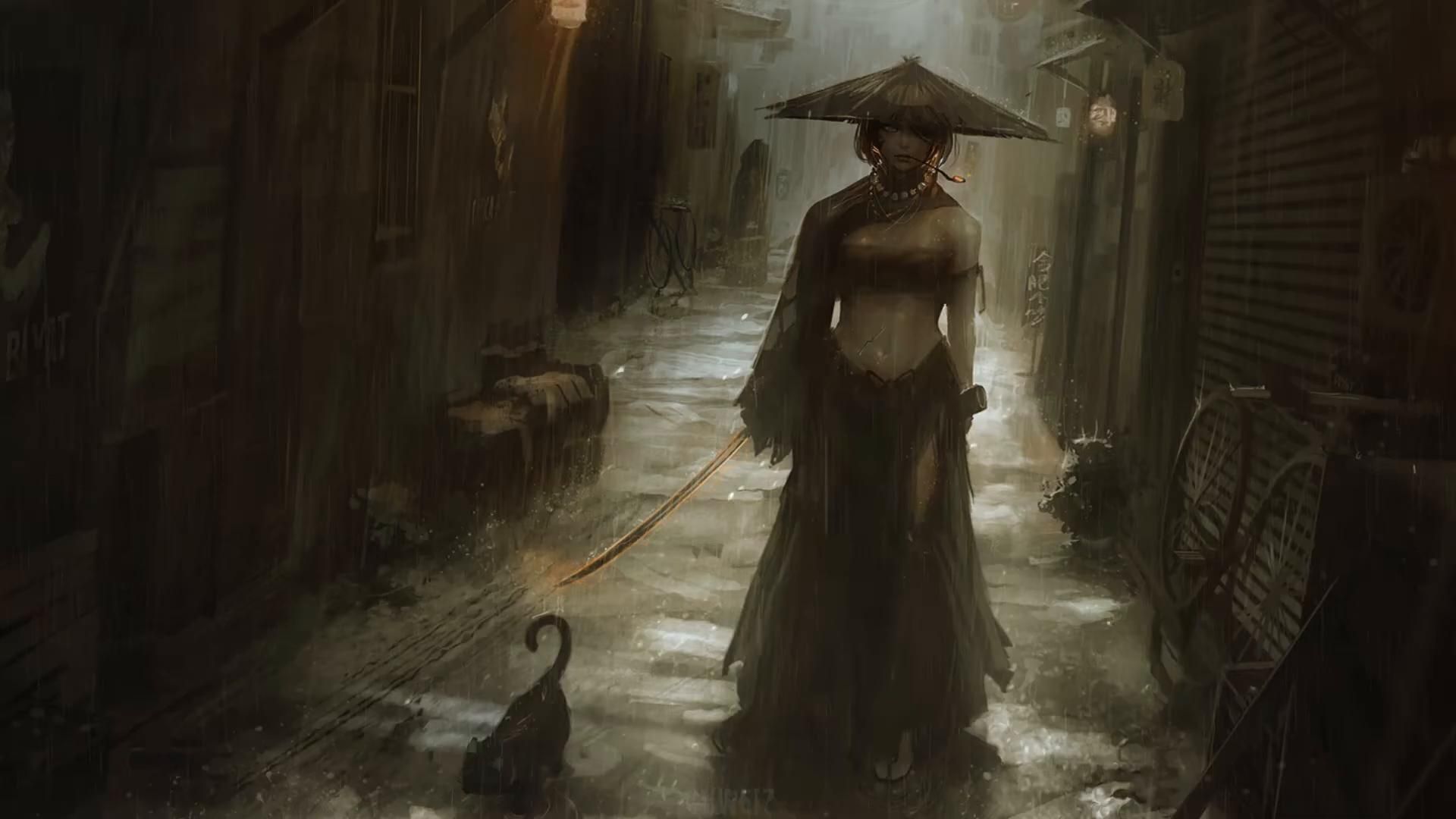 1920x1080 Samurai Girl in the Rain Live Wallpaper