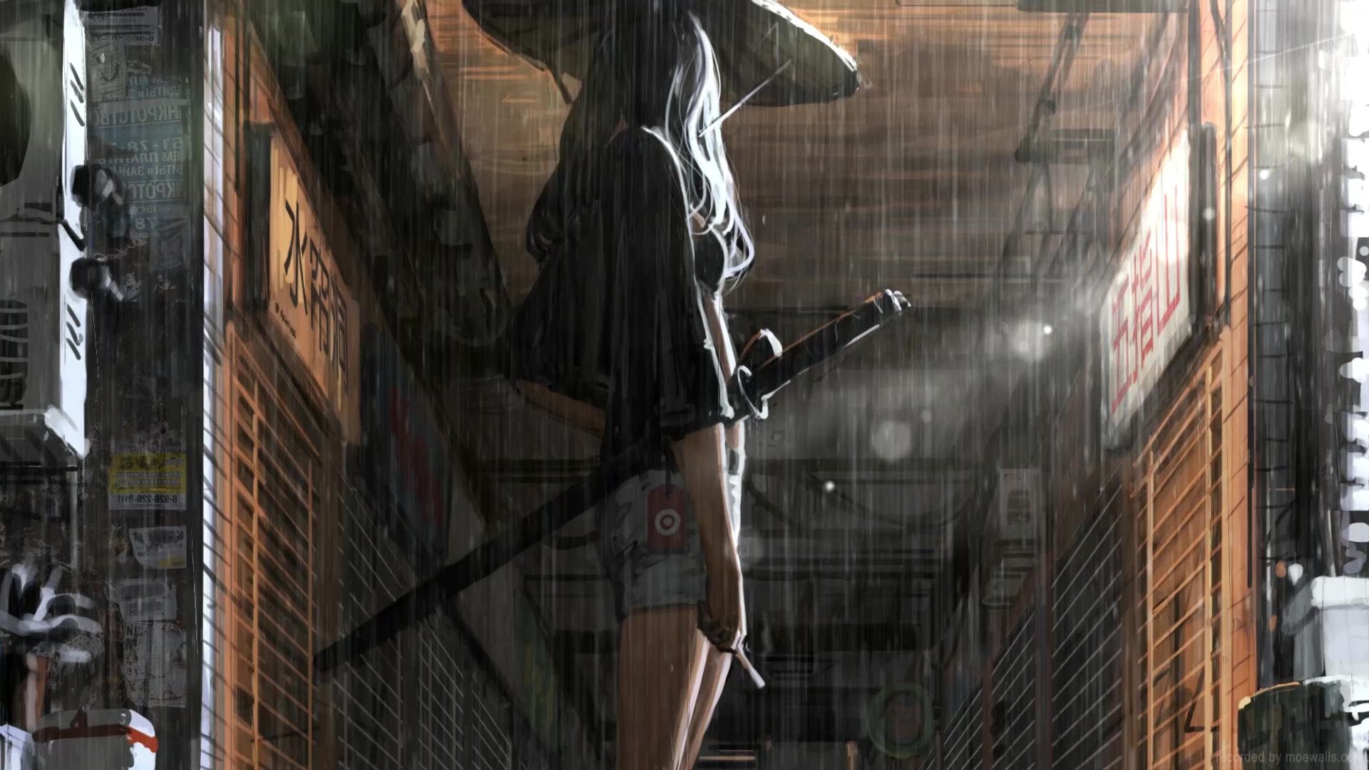 1920x1080 Samurai Girl Smoking In The Rain Live Wallpaper