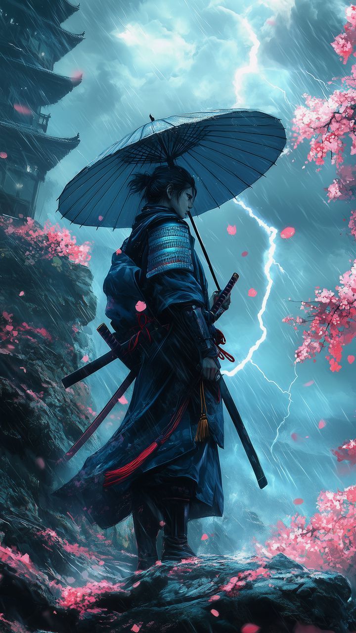 720x1280 free 4K wallpaper warrior, umbrella, sakura, rain, art, lightning, japan