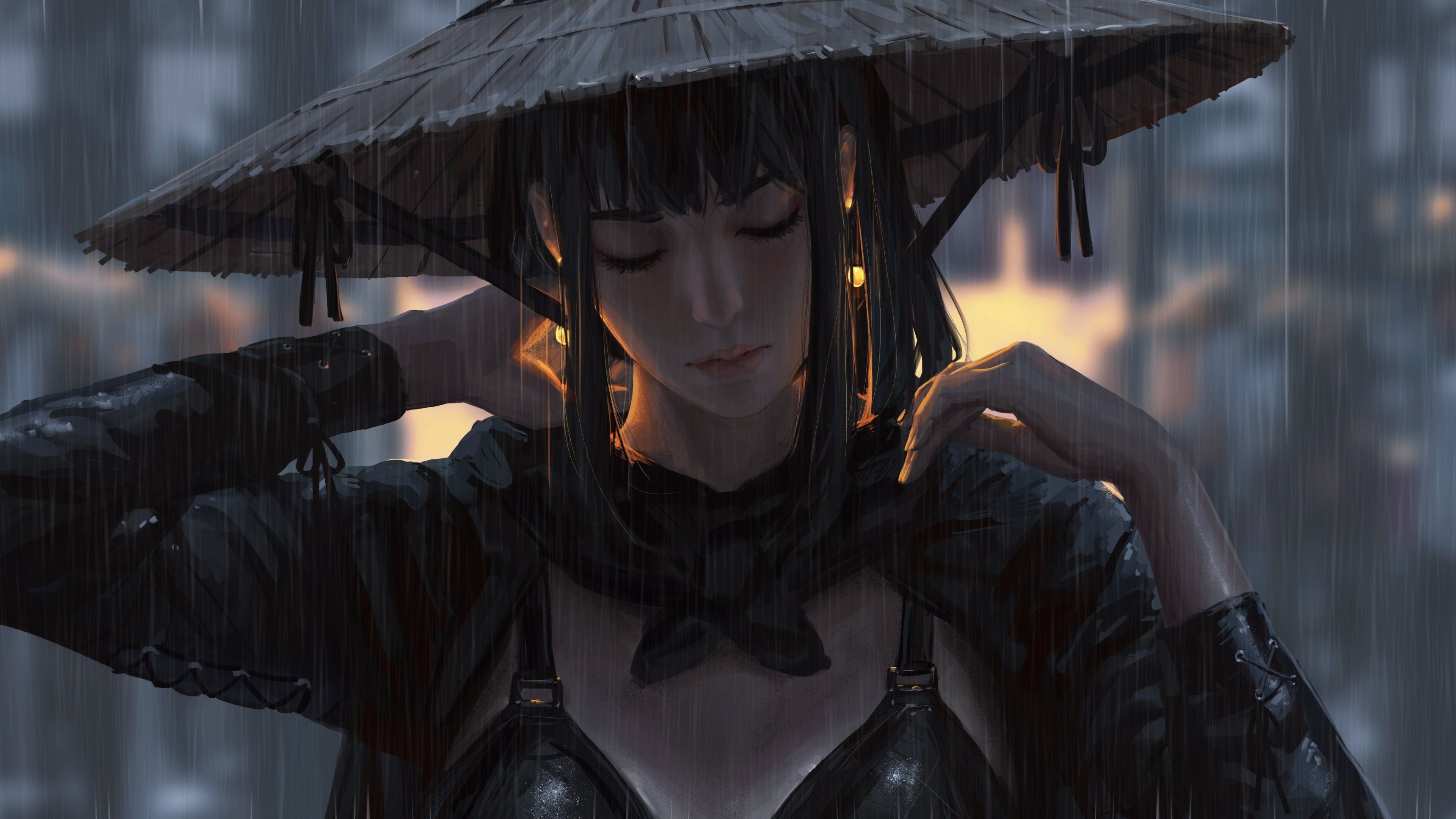 3840x2160 Japanese girl in the rain