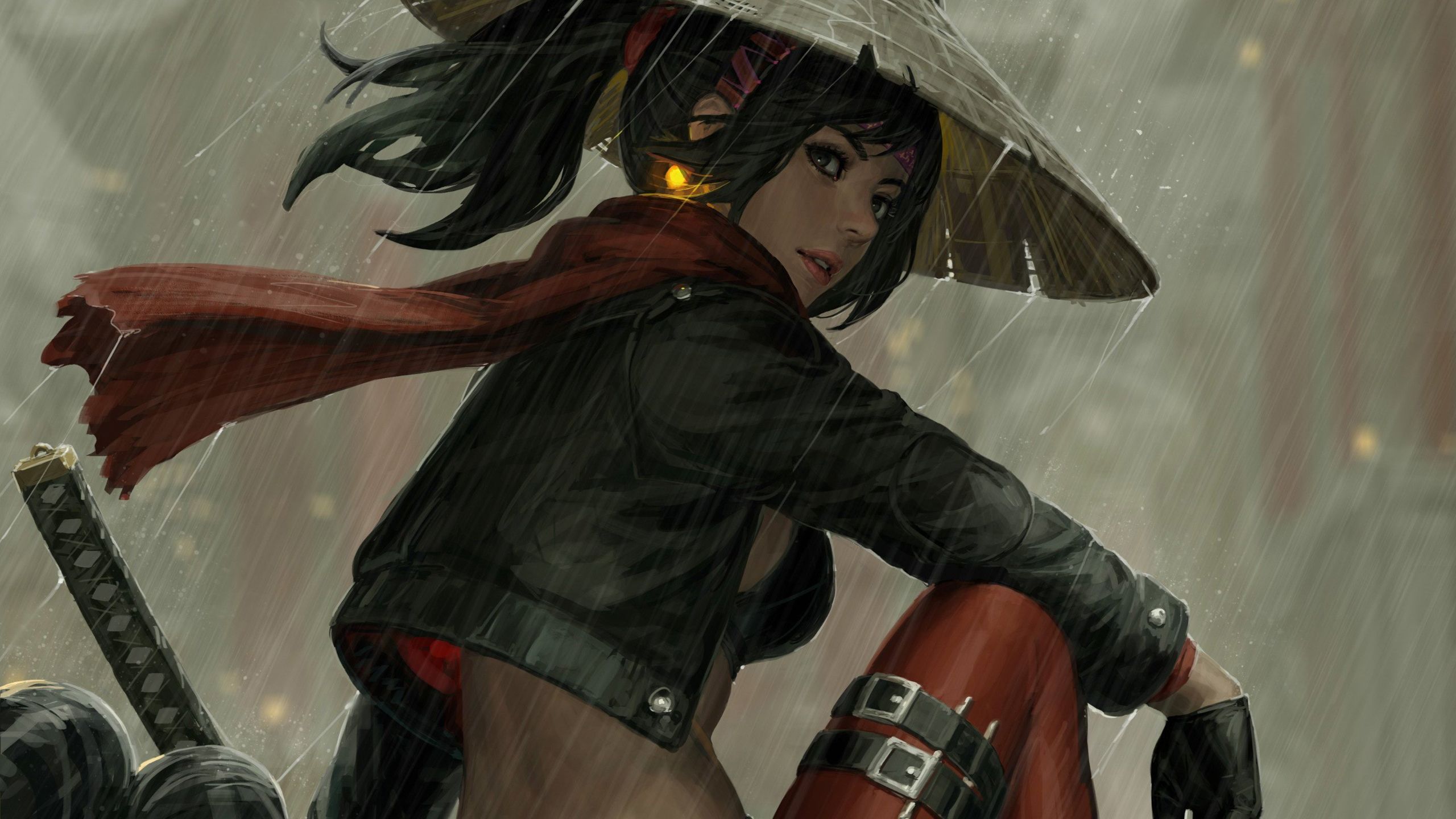 2560x1440 Asian Conical Hat Black Hair Girl Glove Ponytail Rain Samurai Woman Warrior HD Samurai Wallpaper
