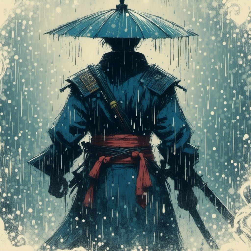 1024x1024 Samurai in Rain: Vintage Japanese Print Style
