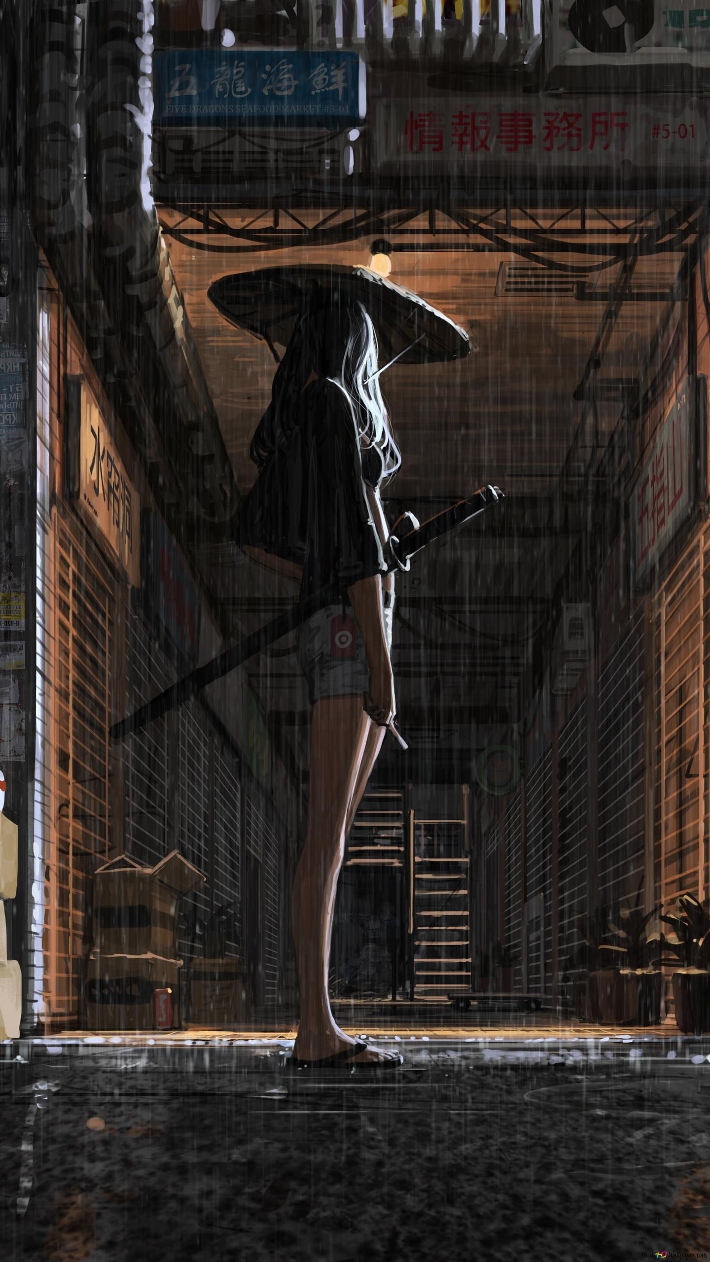 1440x2560 Samurai Girl On Street In Rainy Night 2K wallpaper download