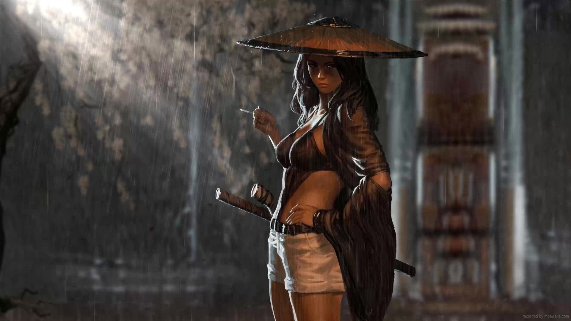 1920x1080 Fantasy Girl Samurai Smoking In The Rain Live Wallpaper