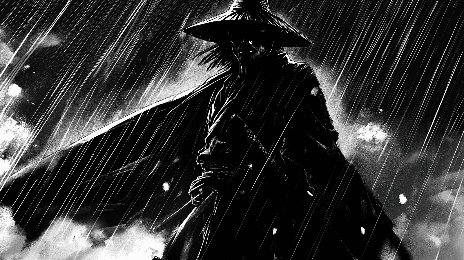 1600x897 Mural Wallpaper manga. Mysterious silhouette in the rain