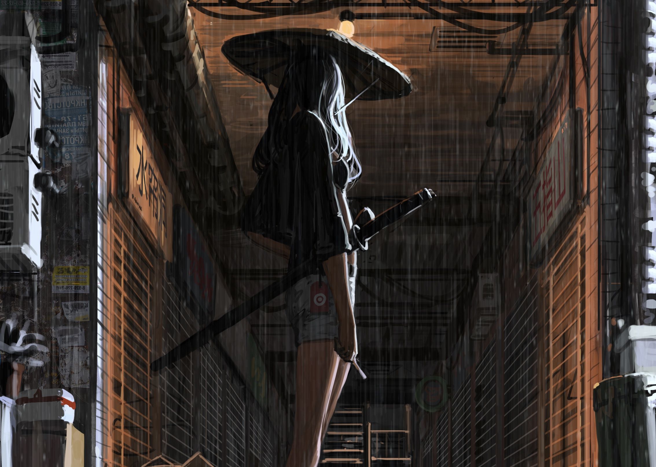 2267x1615 Phone wallpaper: Samurai, Fantasy, Asian Conical Hat, Katana, Rain, Weapon 986549