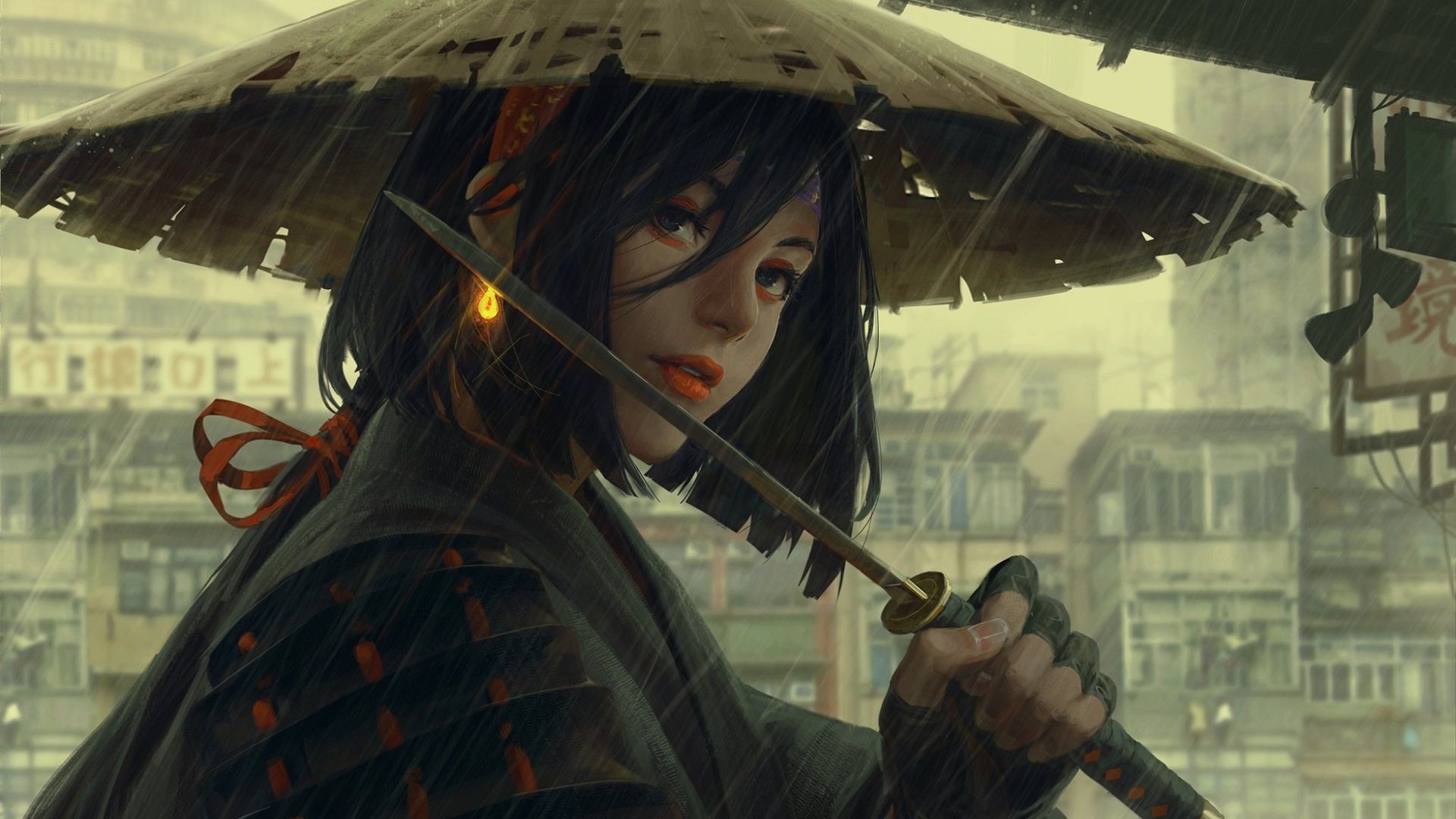 1920x1080 Wallpaper Japanese girl, hat, rain, sword, art painting 1920x1200 Picture, Image