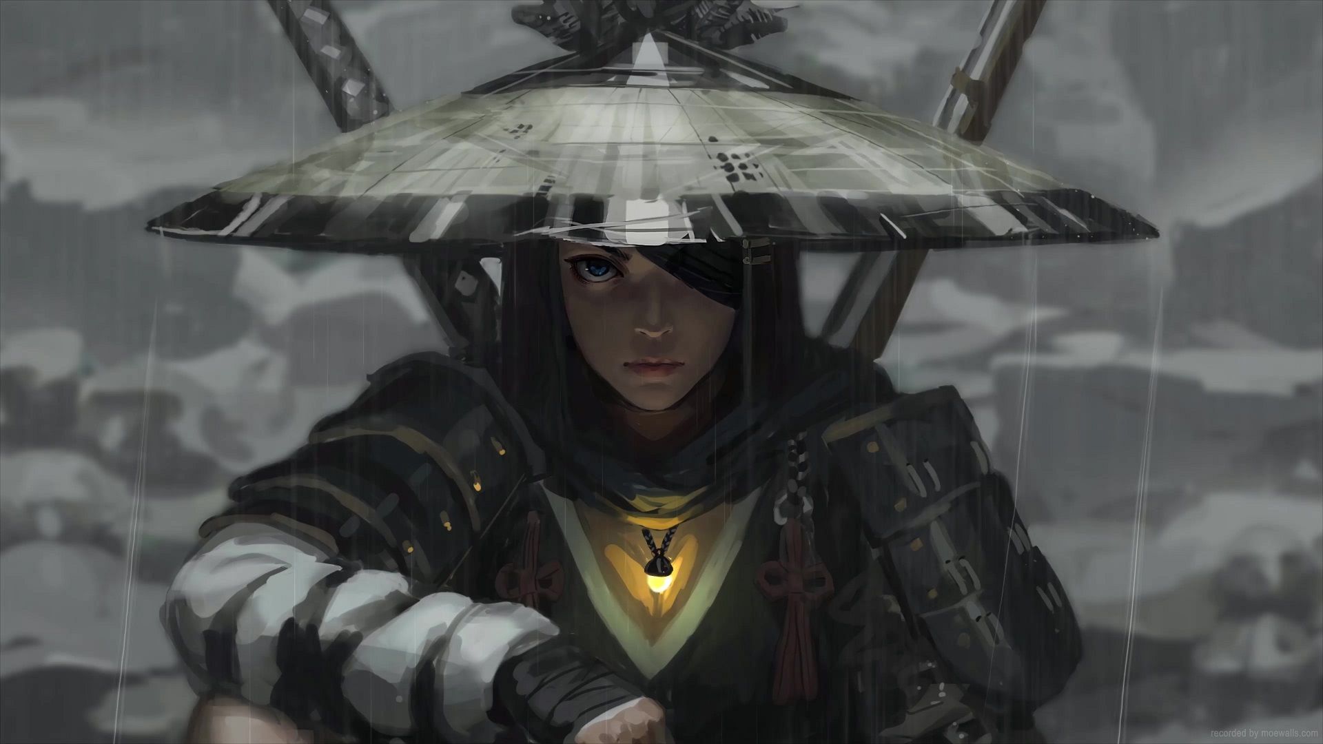 1920x1080 Samurai Girl Straw Hat In The Rain Live Wallpaper