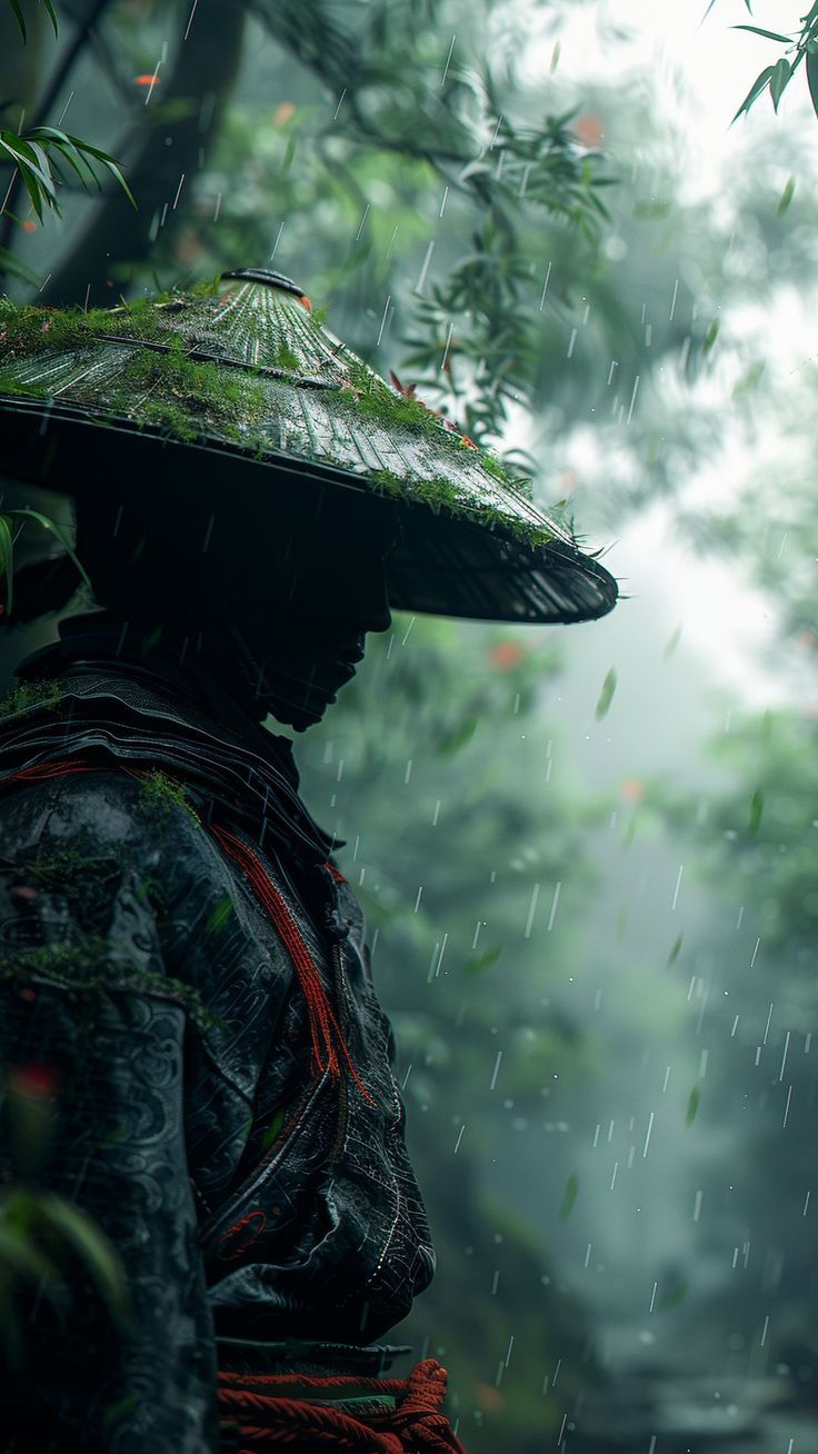 736x1308 Wallpaper warrior, asia, rain, drops, art, AI 4K by Kostya Basorin. Download wallpaper warrior, asia, rain, drops, art for free
