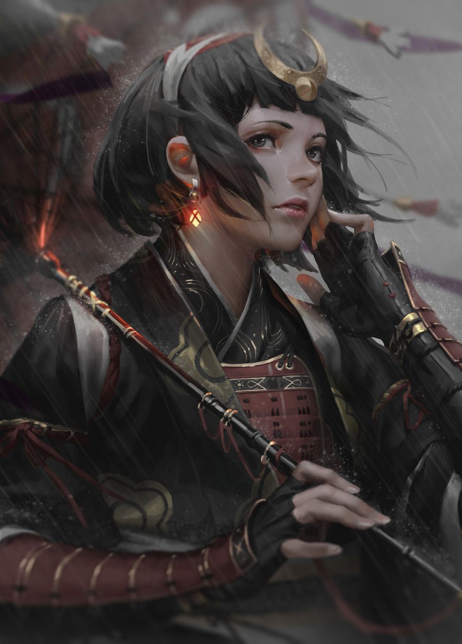 942x1314 You come across a lady dressed in modernized samurai gear, smoking in the rain