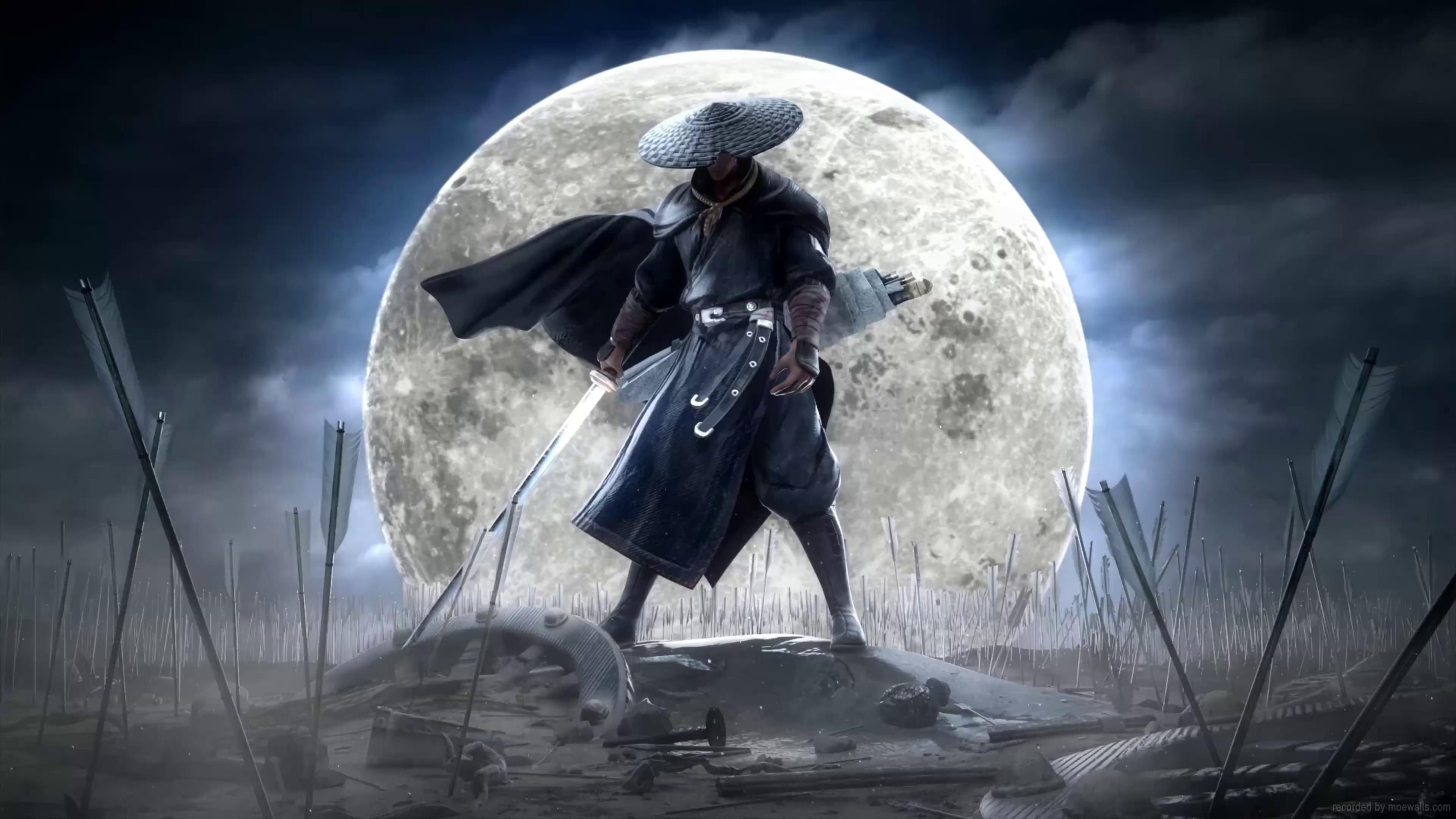 3840x2160 Samurai Warrior Near the Moon Live Wallpaper