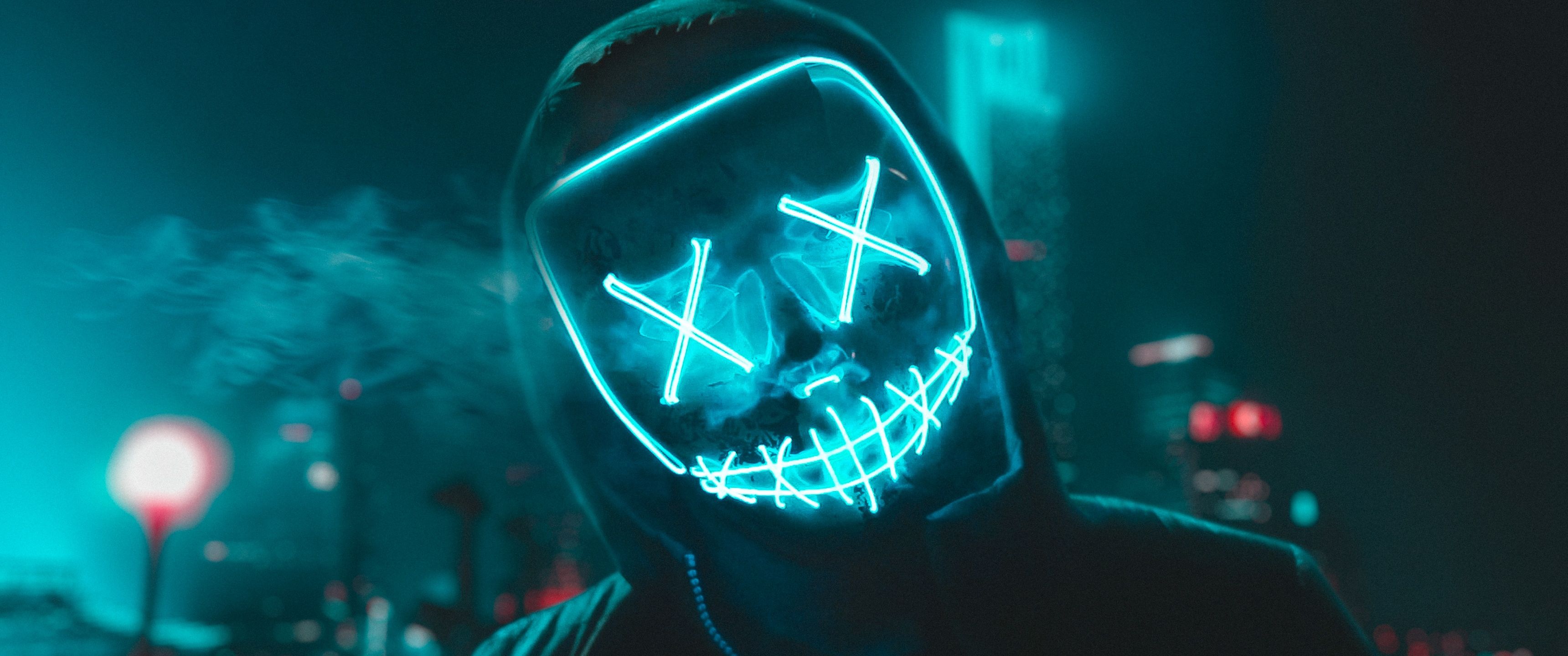 3440x1440 Neon Wallpaper 4K, LED mask, Urban, Night, Smoke