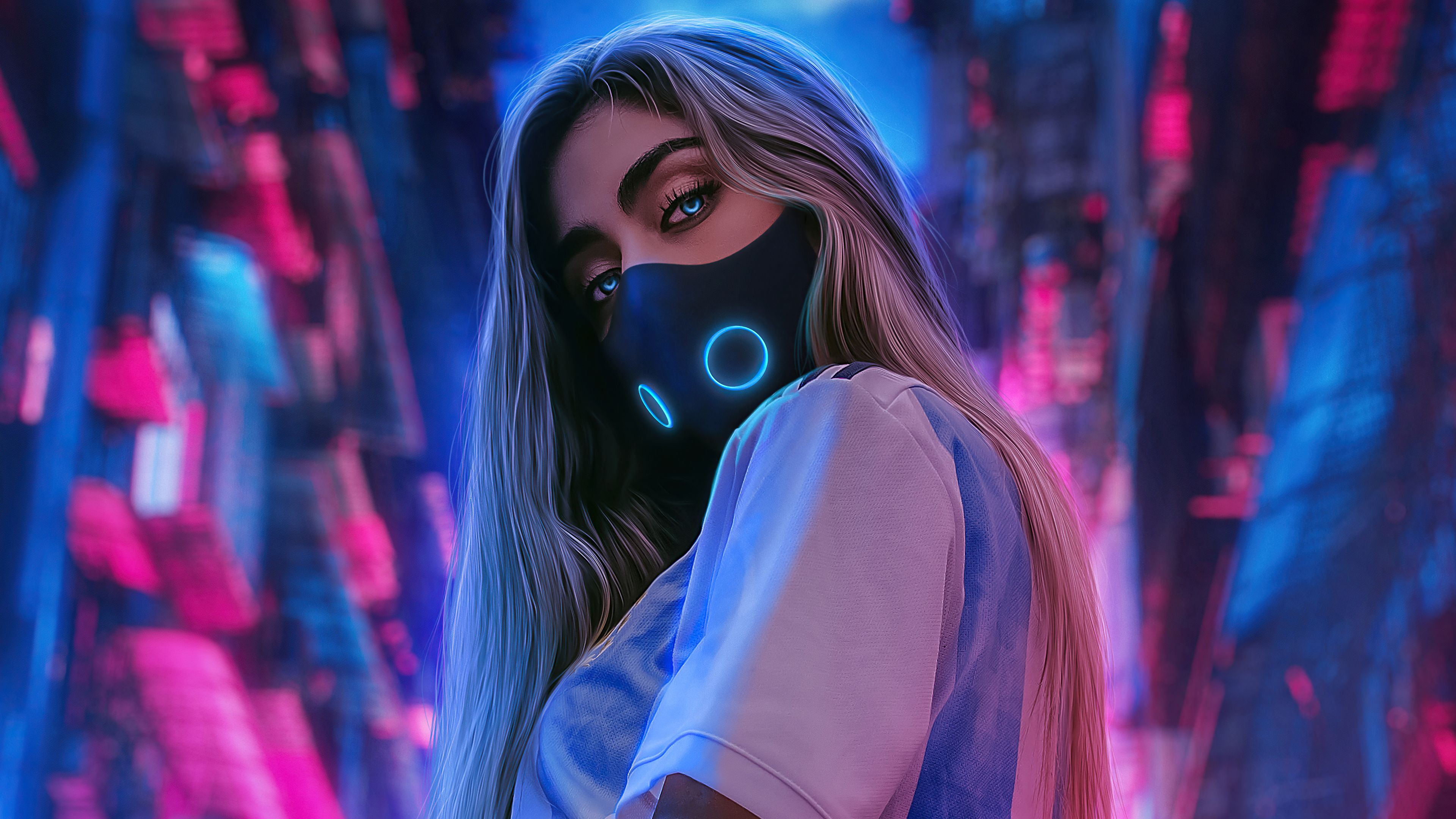 3840x2160 Scifi Girl Glowing Mask Neon Night 4k Wallpaper, HD Artist Wallpaper, 4k Wallpaper, Image, Background, Photos and Picture