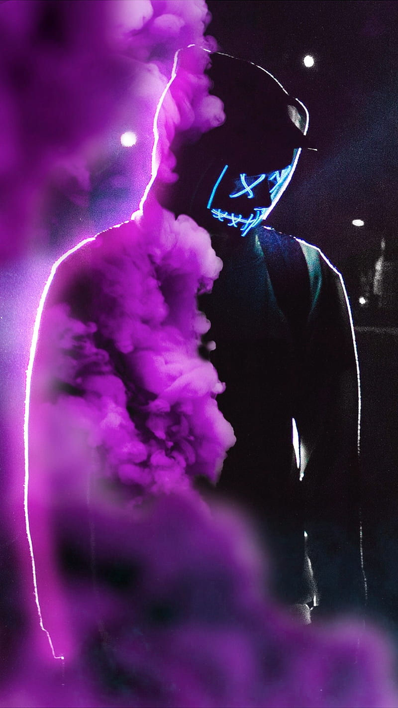 800x1422 Smokemaskdude 80s, AMAZING, dark, fog, glow, mask, neon, purge, purple, retro, HD phone wallpaper