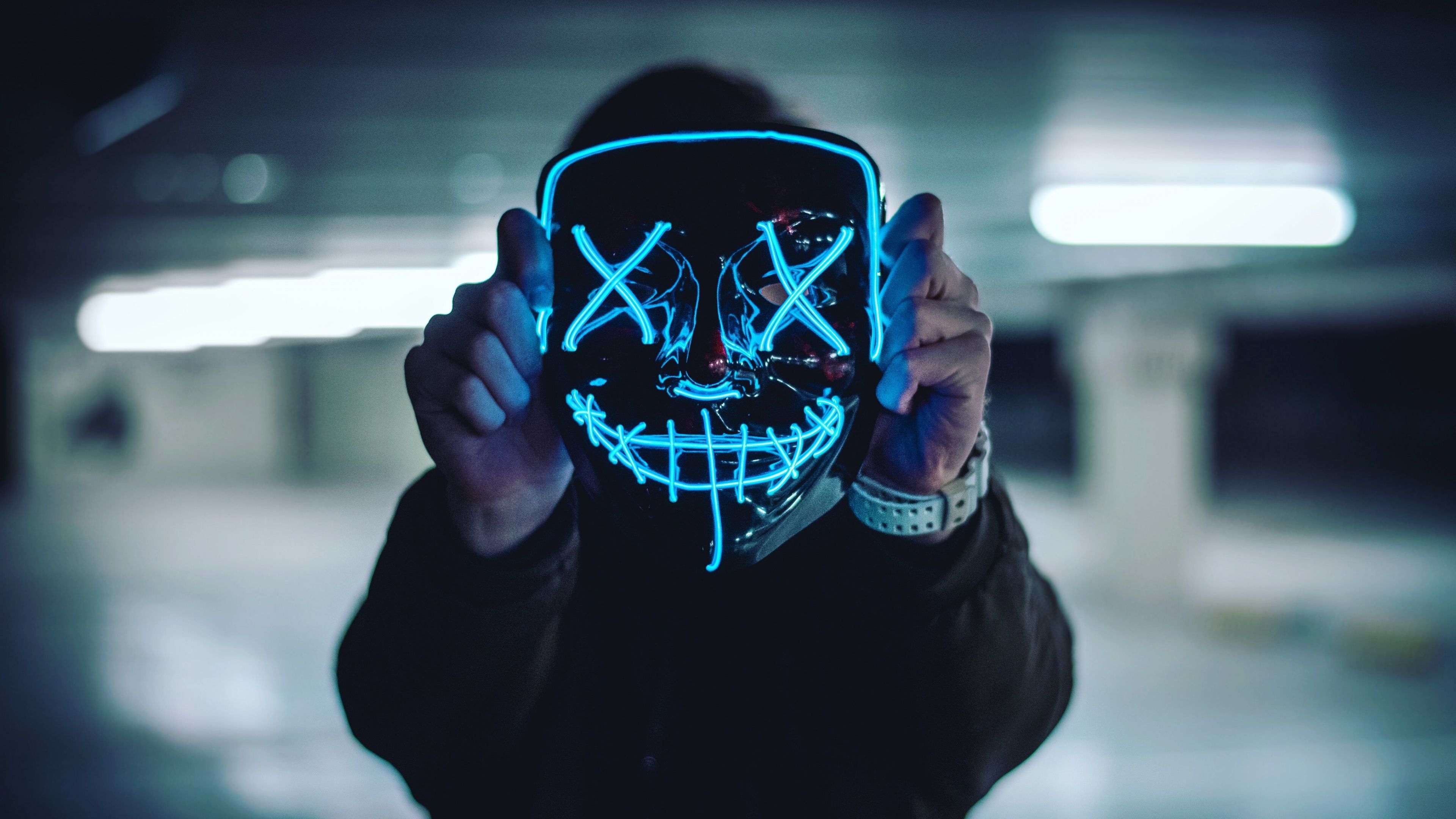 3840x2160 Neon Mask Wallpaper 4K, Blue Lights, Portrait, Anonymous