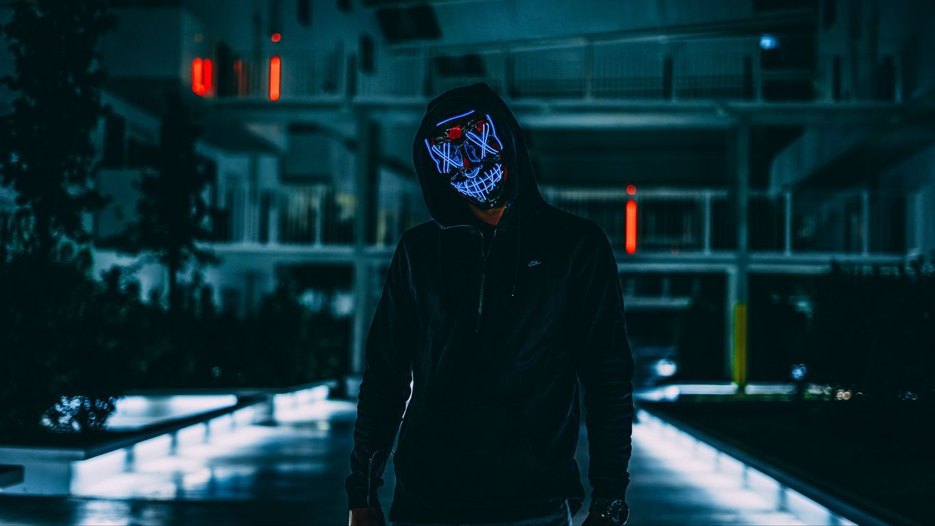 1366x768 Download wallpaper 1366x768 mask, anonymous, hood, darkness, neon, glow tablet, laptop HD background
