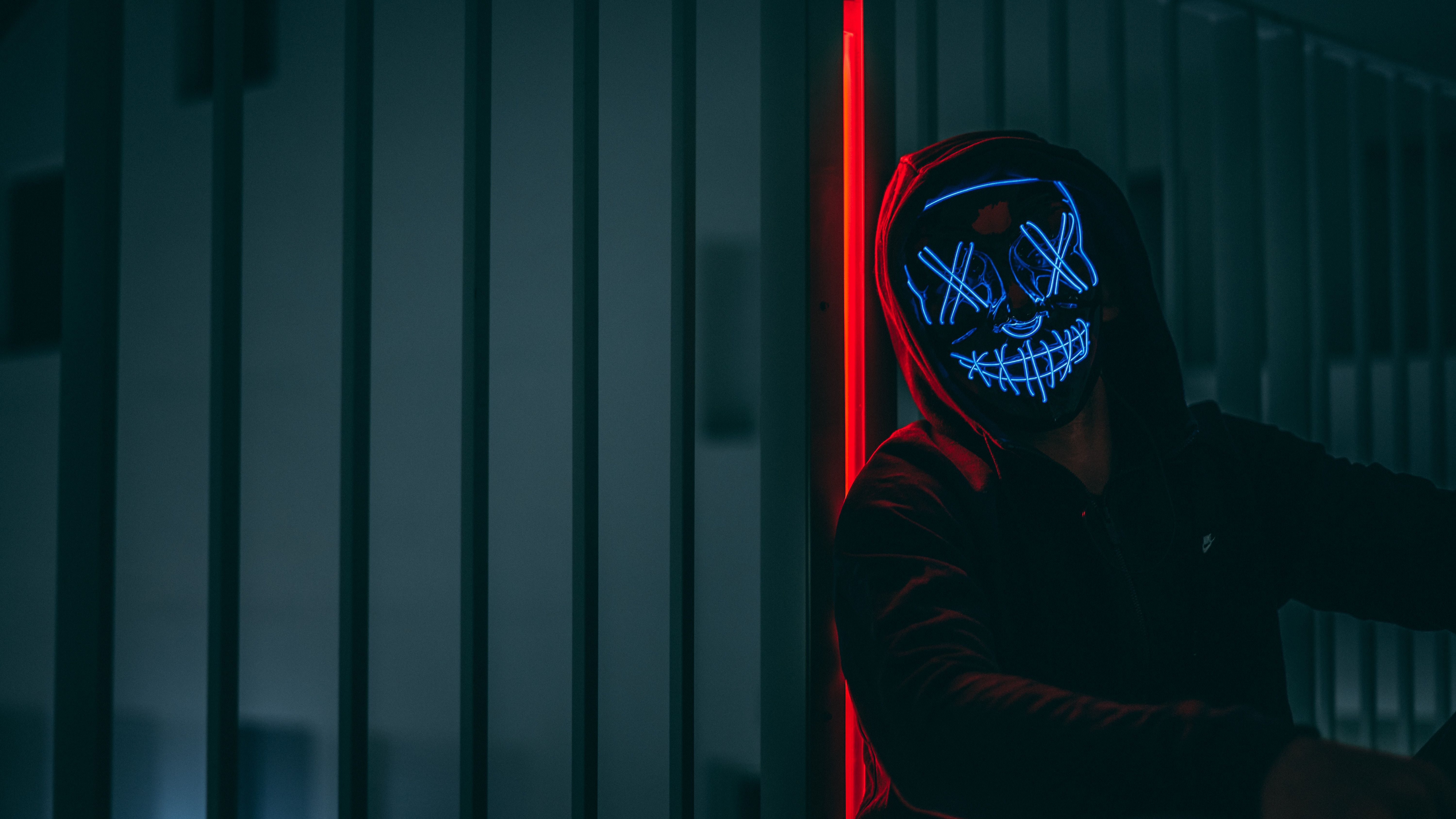 6000x3376 Desktop wallpaper: Anonymous, Mask, Glow, Neon, Dark, Hood 4K free download for PC. 143559