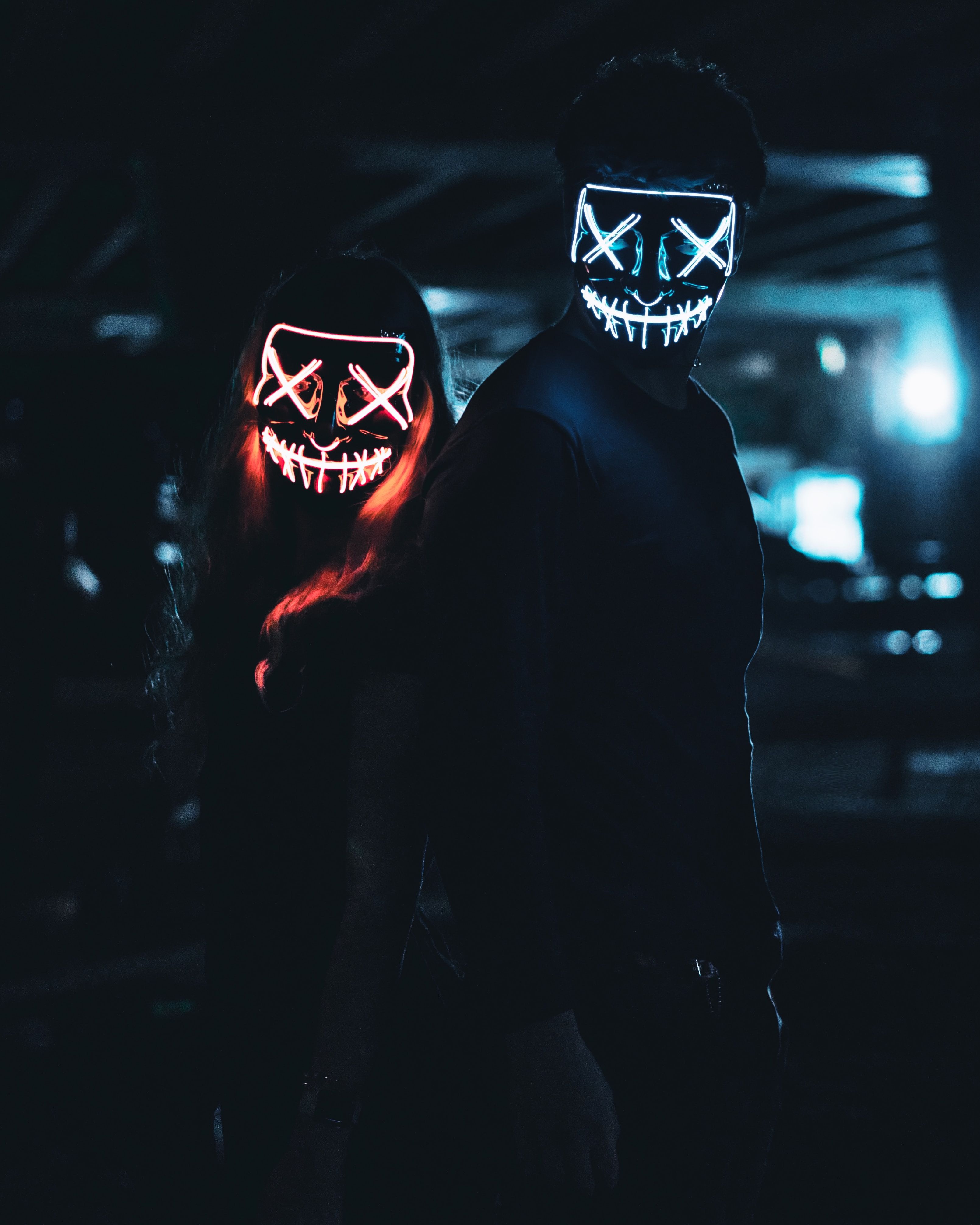 3219x4024 Desktop wallpaper: Dark, Pair, Masks, Couple, Neon, Glow 4K free download for PC. 125330